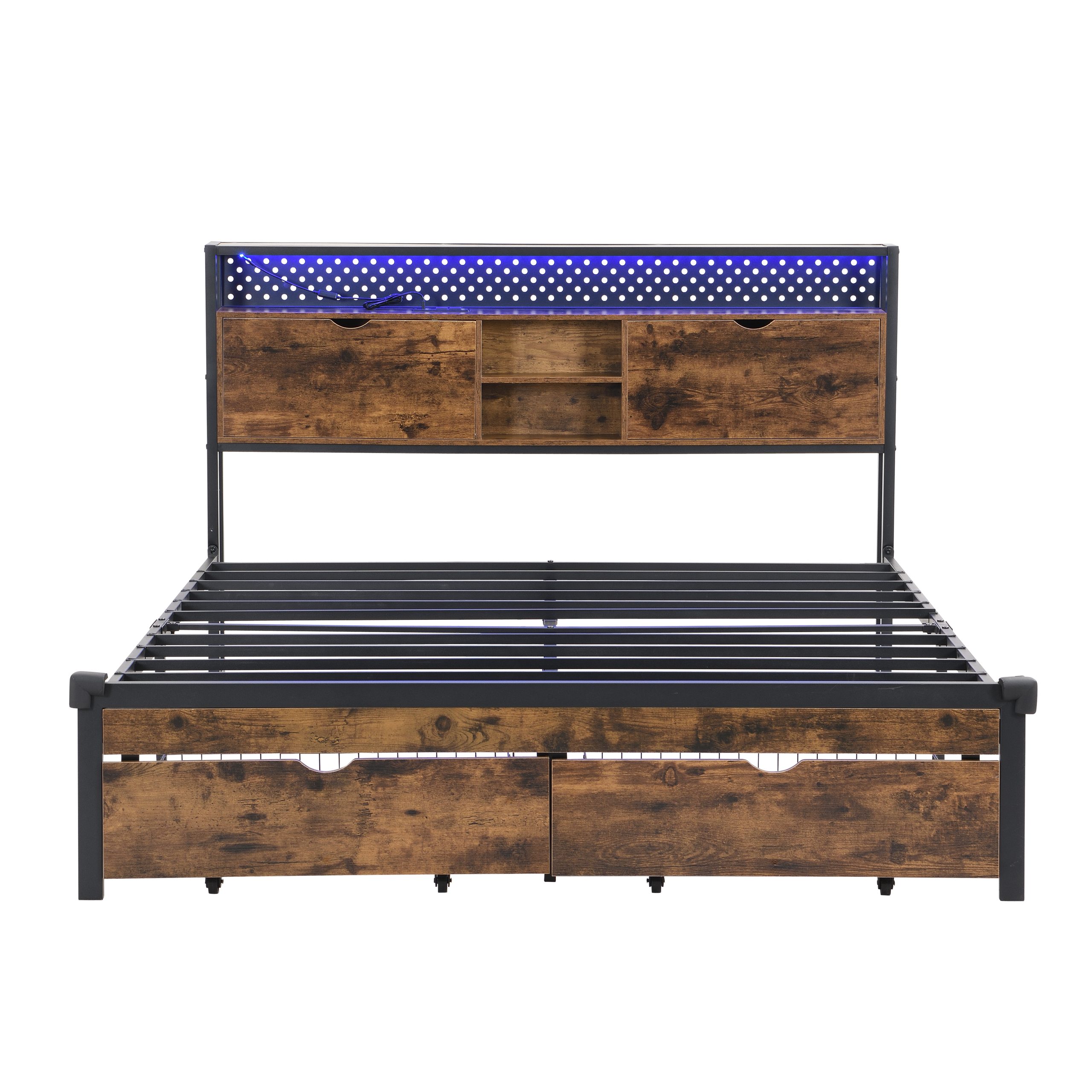 Full Size Metal Platform Bed Frame with Wooden Headboard and with Footboard USB,Charging Station,2 Drawers,storage, LED Lights, No Box Spring Needed, Easy Assemble - Image 6