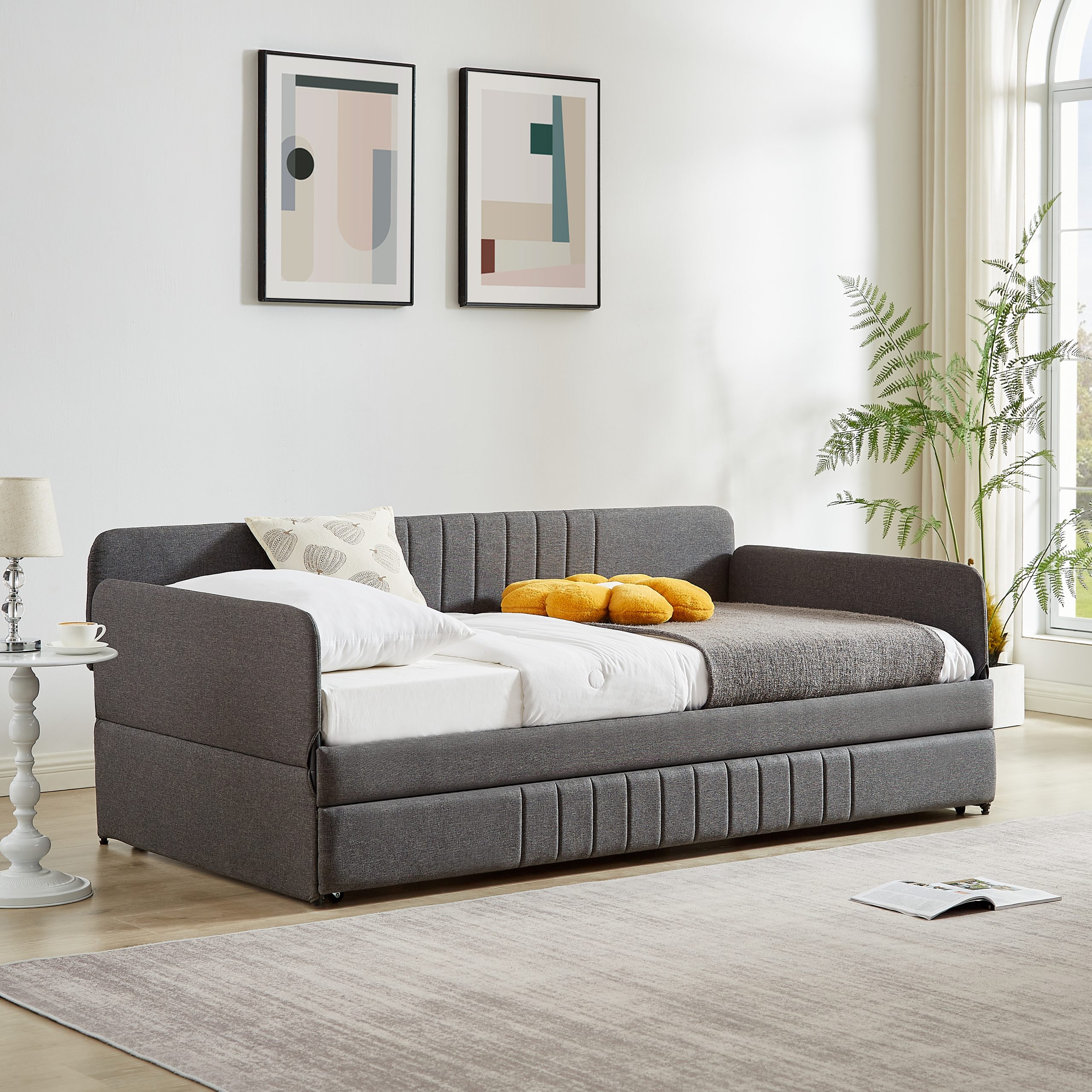 Daybed, sofa bed metal framed with trundle twin size, Grey, 78.4''L x 41''W x 29.8''H. - Image 3