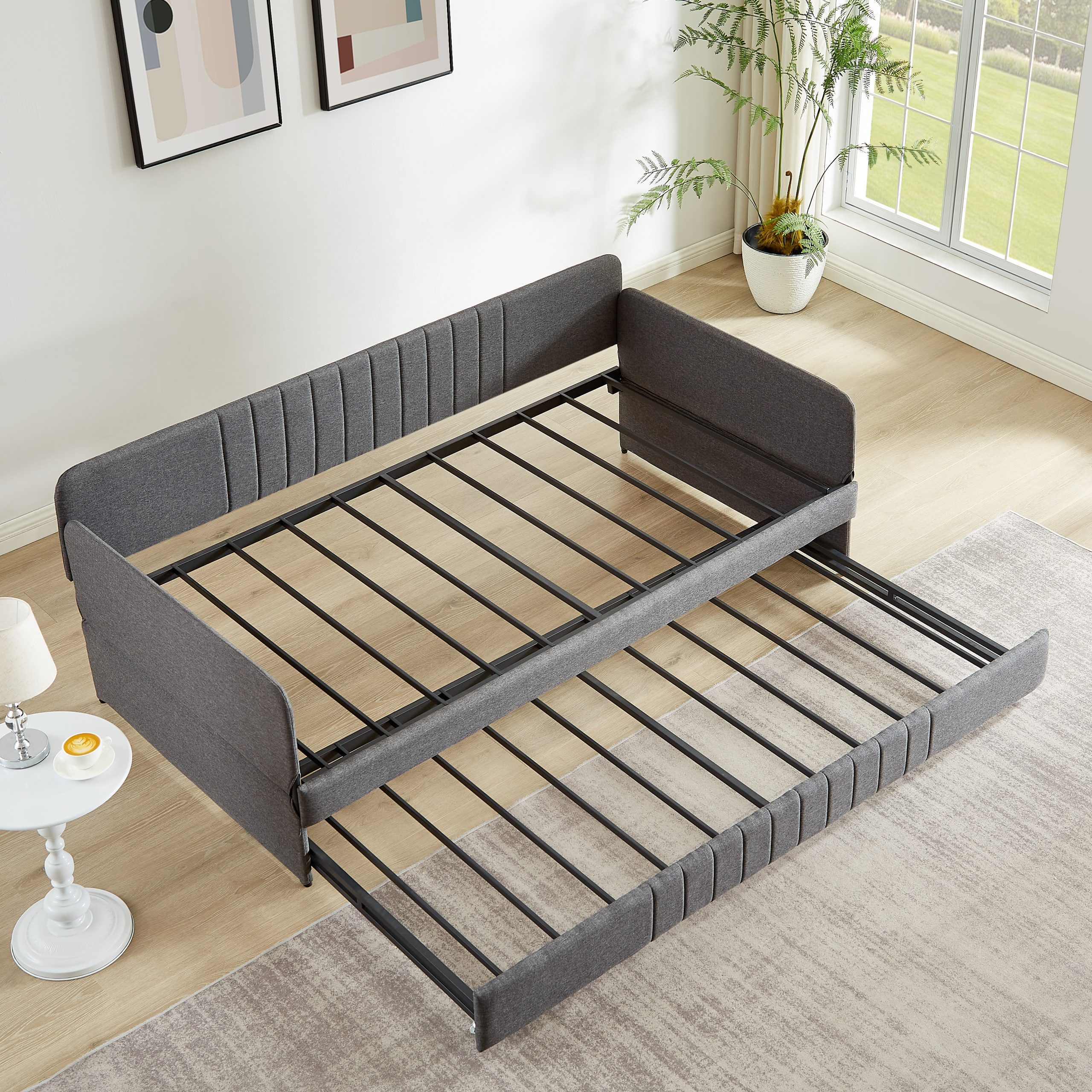 Daybed, sofa bed metal framed with trundle twin size, Grey, 78.4''L x 41''W x 29.8''H. - Image 4