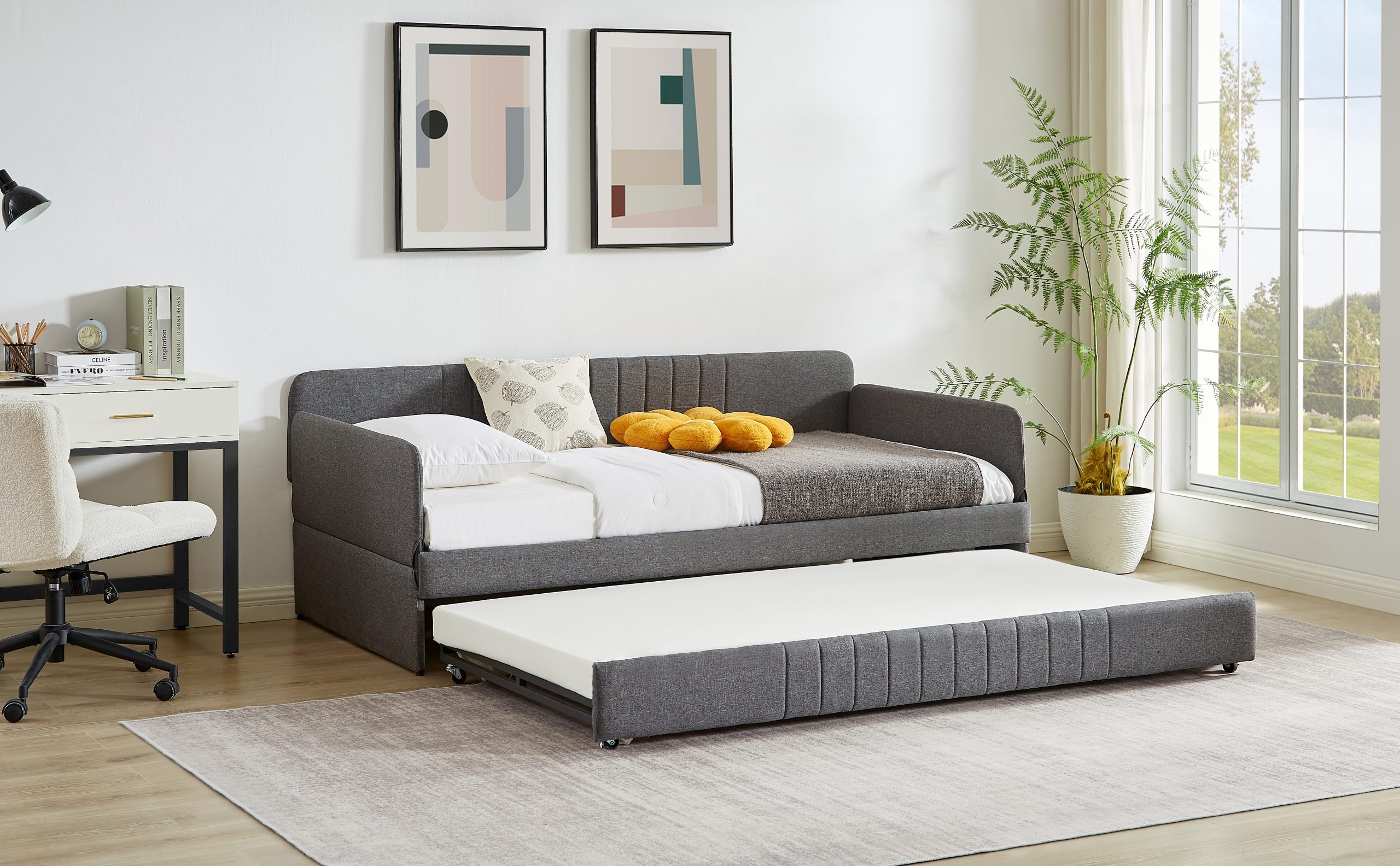 Daybed, sofa bed metal framed with trundle twin size, Grey, 78.4''L x 41''W x 29.8''H. - Image 5