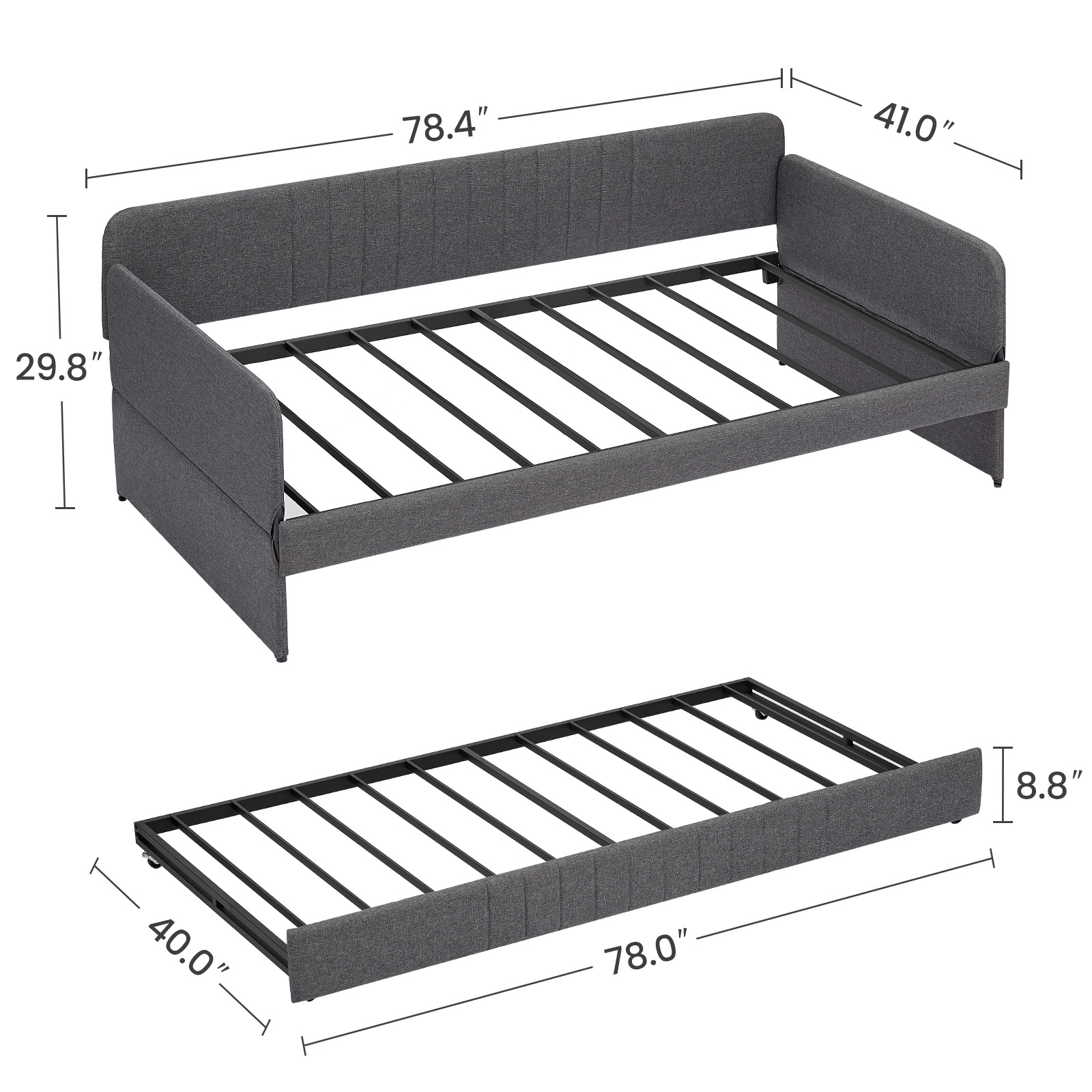 Daybed, sofa bed metal framed with trundle twin size, Grey, 78.4''L x 41''W x 29.8''H. - Image 6