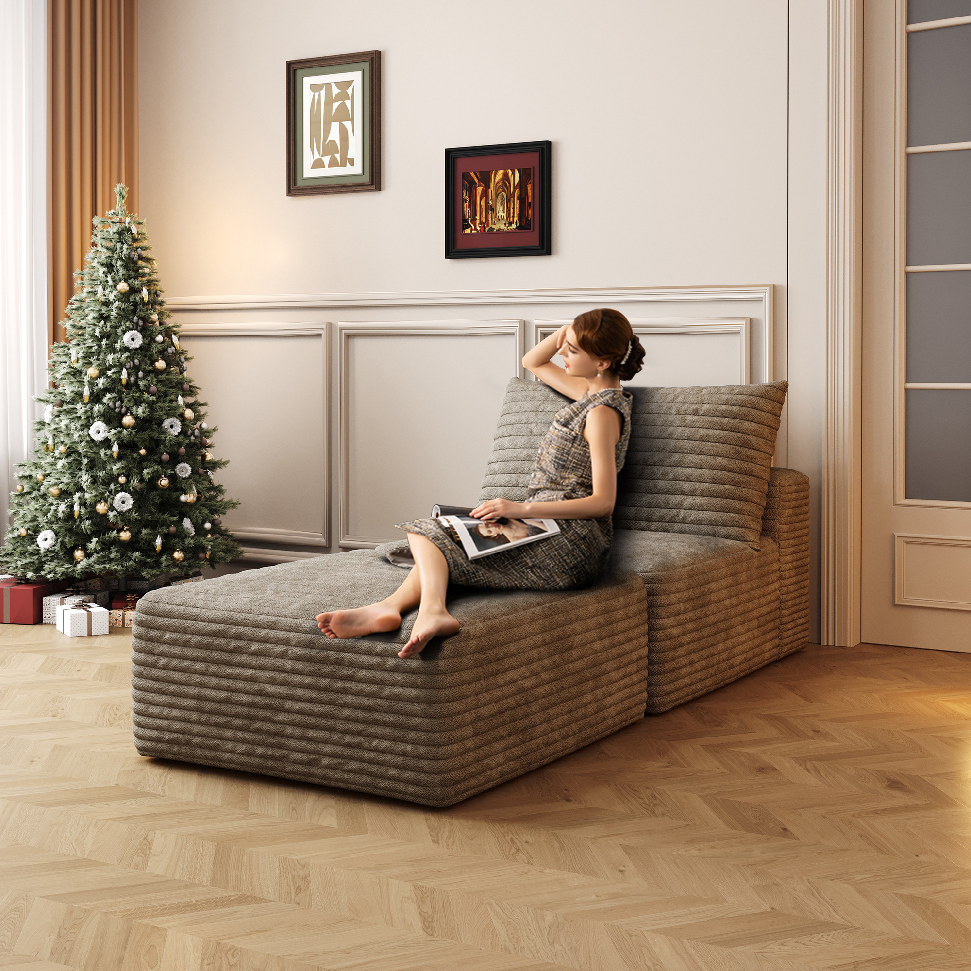 66.9"Sofa Bed, Convertible Sleeper Chair with Pillow,Back Support, Bed Comfy Floor Sofa Lounge for Living Room Bedroom, Single sofa,Camel(Plush Corduroy Fabric) - Image 2