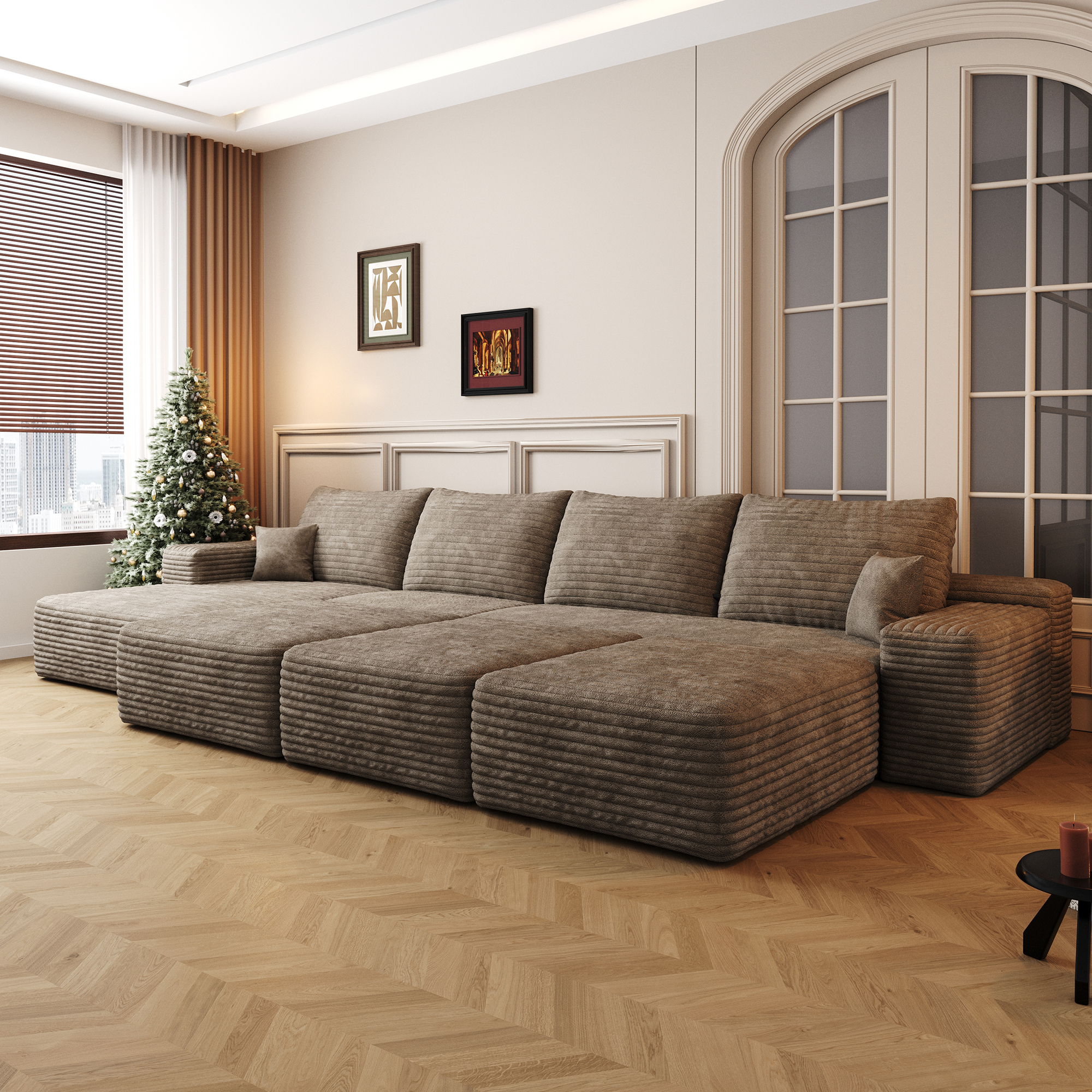 135"Large size modular cloud sofa 6 seats down sofa bed apartment living room sofa ,No Assembly Required,Camel(Plush Corduroy Fabric) - Image 2