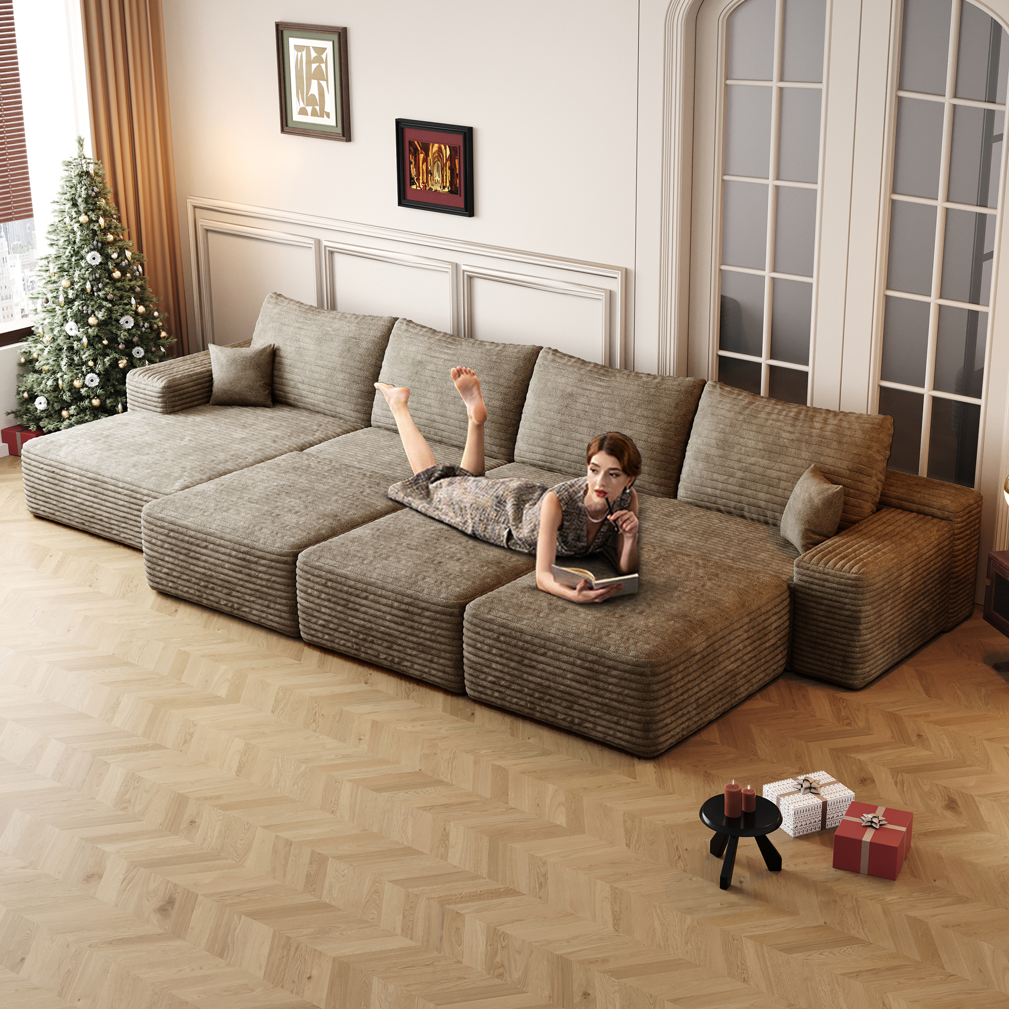 135"Large size modular cloud sofa 6 seats down sofa bed apartment living room sofa ,No Assembly Required,Camel(Plush Corduroy Fabric) - Image 3