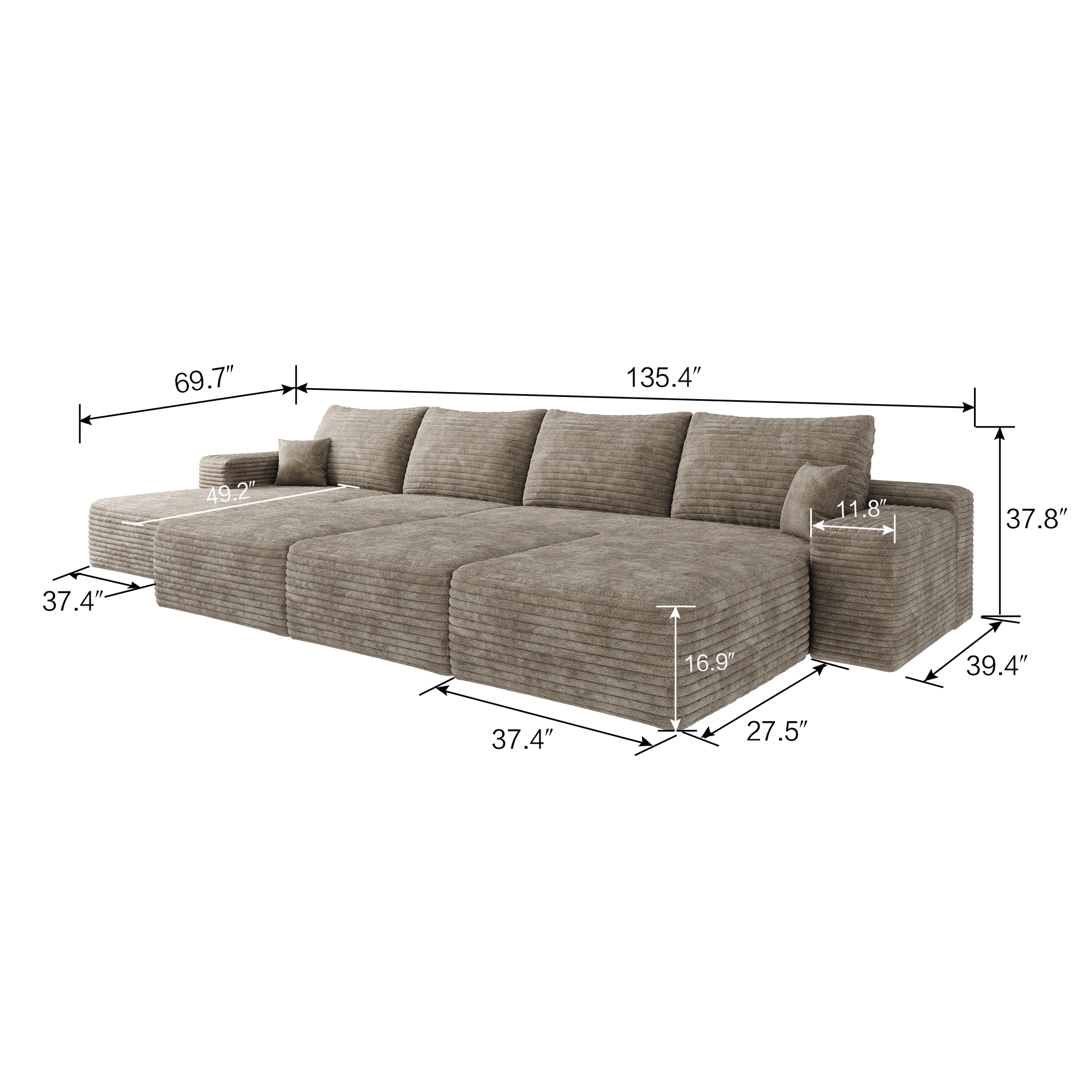 135"Large size modular cloud sofa 6 seats down sofa bed apartment living room sofa ,No Assembly Required,Camel(Plush Corduroy Fabric) - Image 5