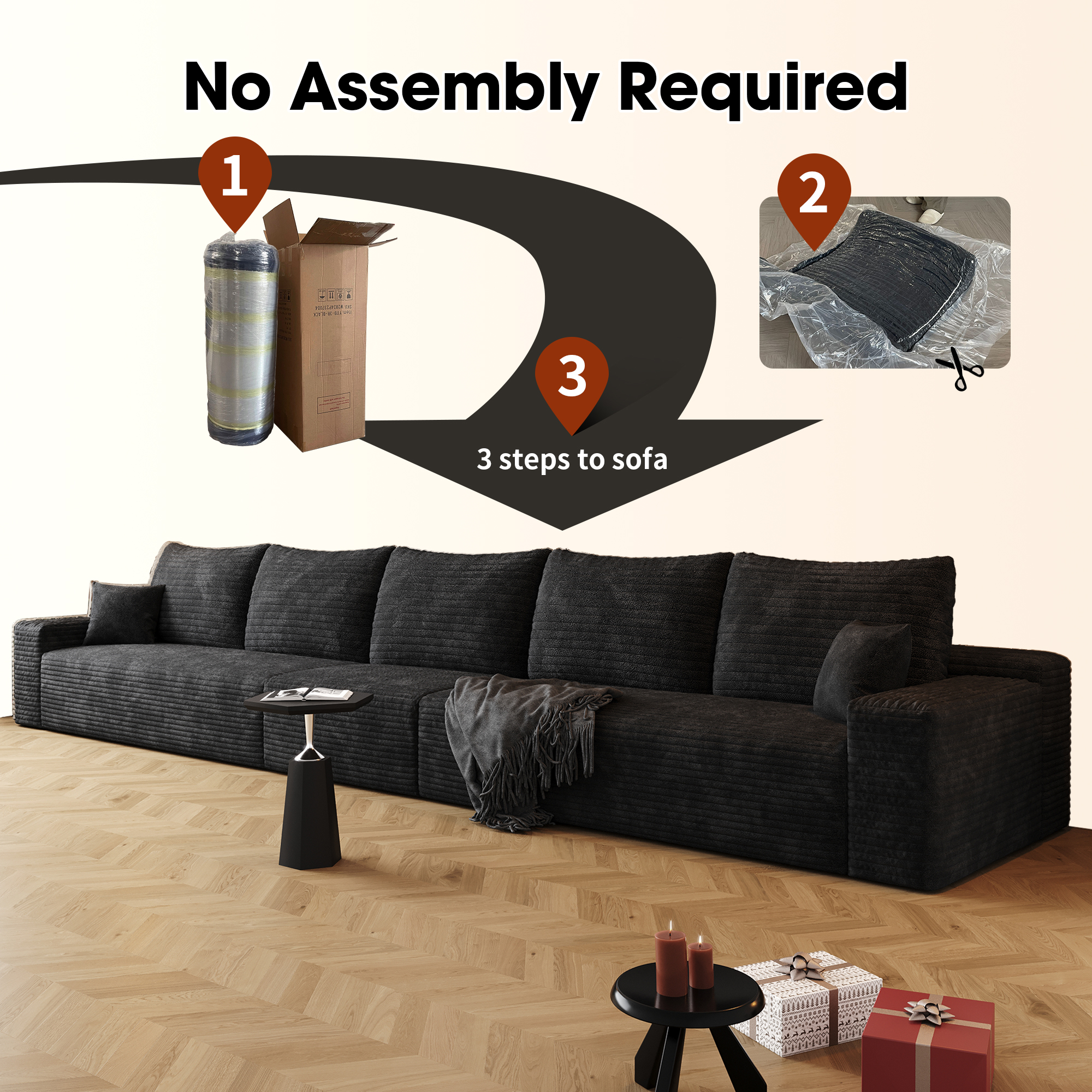 168" Cloud Sectional Couch,Modern Modular Sofa with Deep Seat, Upholstered Couches for Living Room Bedroom,No Assembly Required, Black(Plush Corduroy Fabric) - Image 4