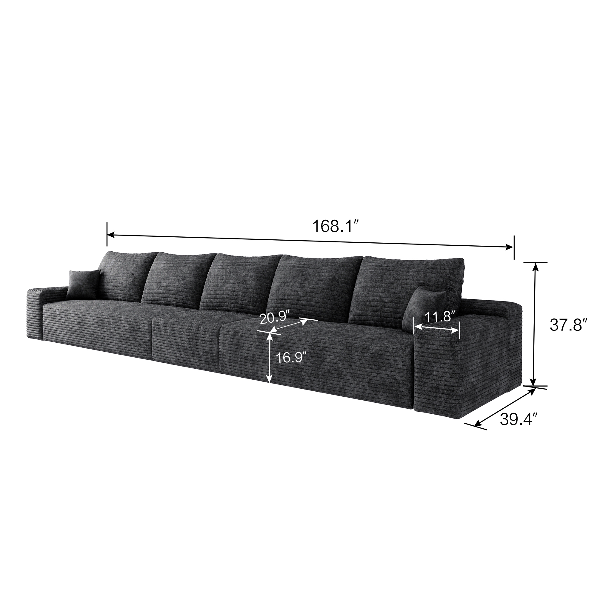 168" Cloud Sectional Couch,Modern Modular Sofa with Deep Seat, Upholstered Couches for Living Room Bedroom,No Assembly Required, Black(Plush Corduroy Fabric) - Image 6