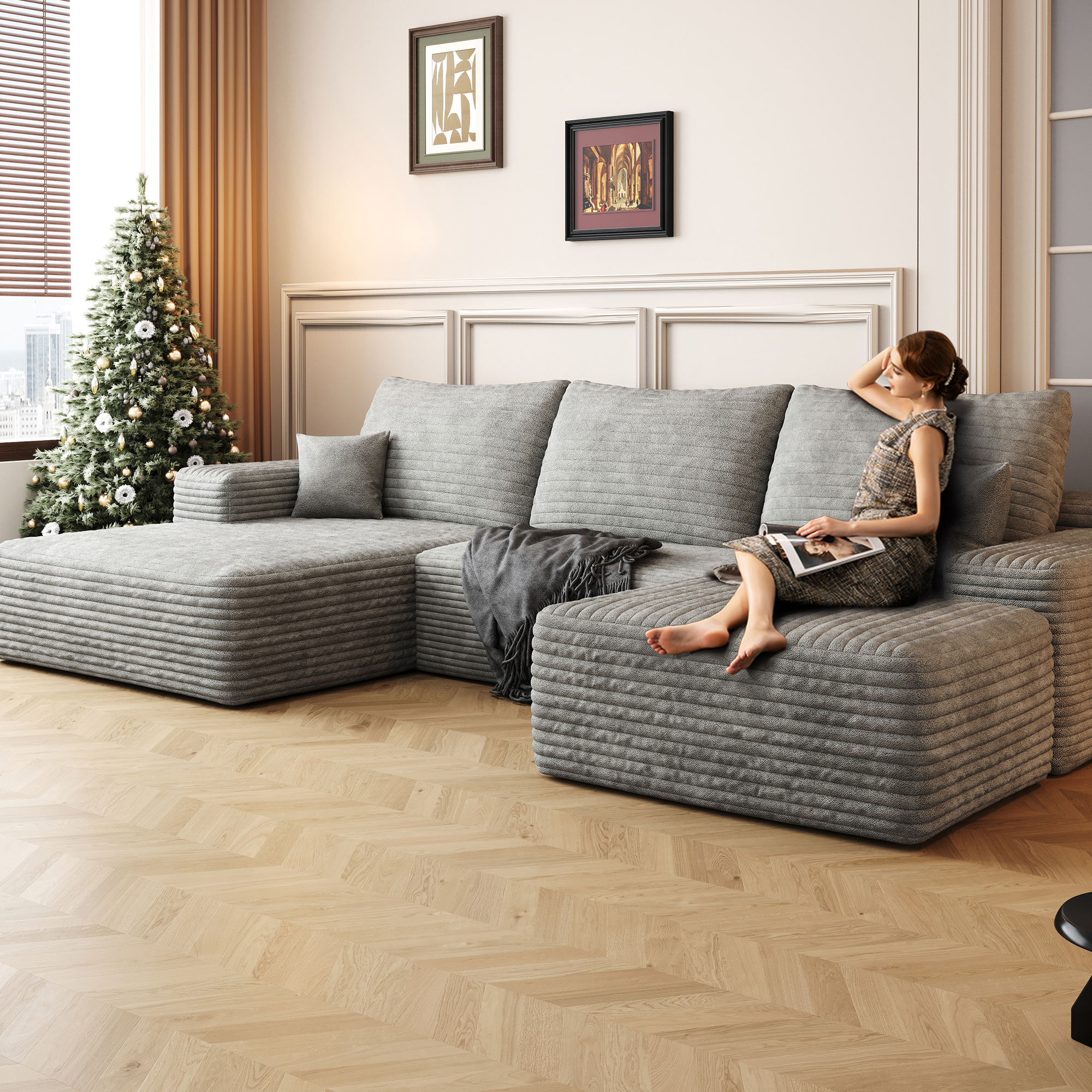 107"Cloud Sectional Sofa with 1 Ottoman,Modern Minimalist Upholstered Couches,Comfort U Shaped Sofa for Living Room,Deep Seat Corner Couch,No Assembly Required,Grey (Plush Corduroy Fabric) - Image 3