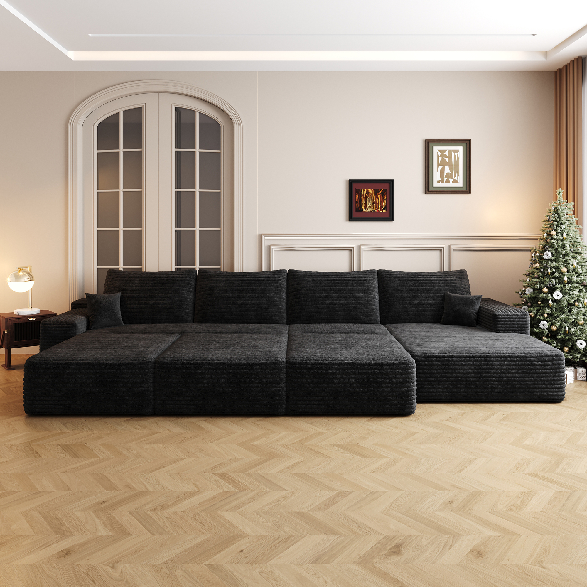 135"Large size modular cloud sofa 6 seats down sofa bed apartment living room sofa ,No Assembly Required,Black(Plush Corduroy Fabric) - Image 2