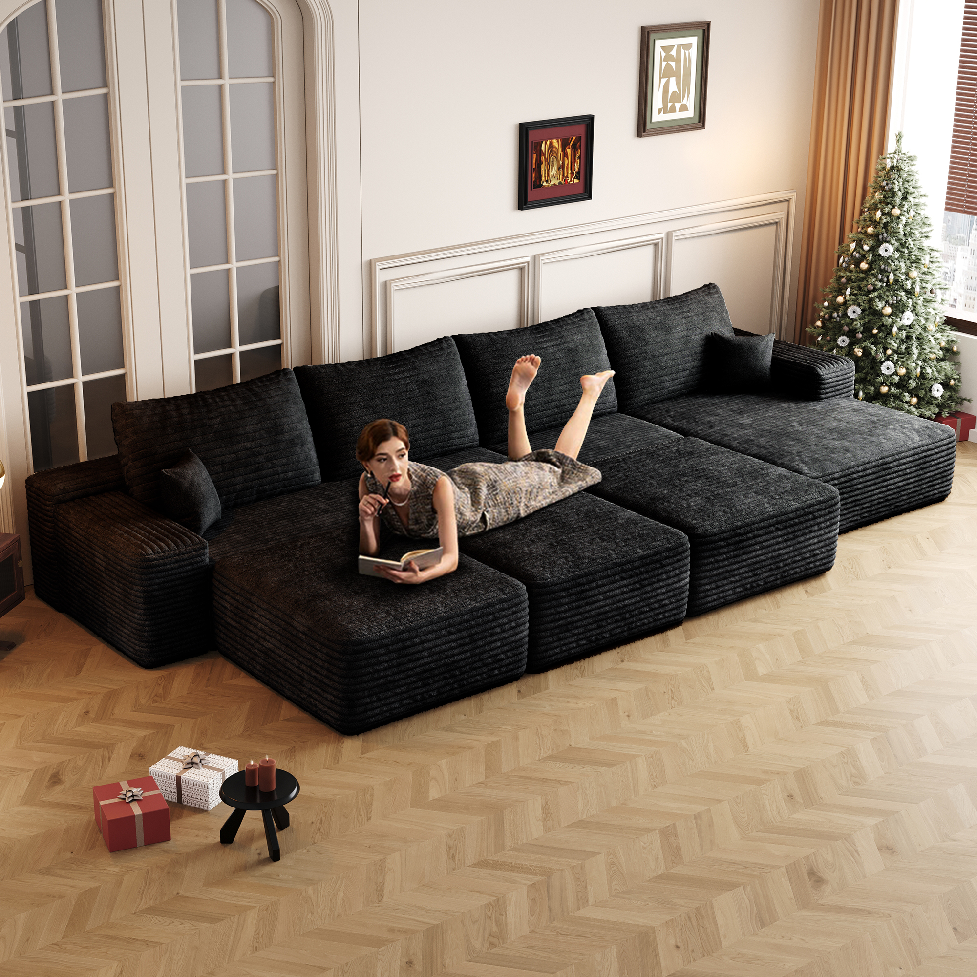 135"Large size modular cloud sofa 6 seats down sofa bed apartment living room sofa ,No Assembly Required,Black(Plush Corduroy Fabric) - Image 3