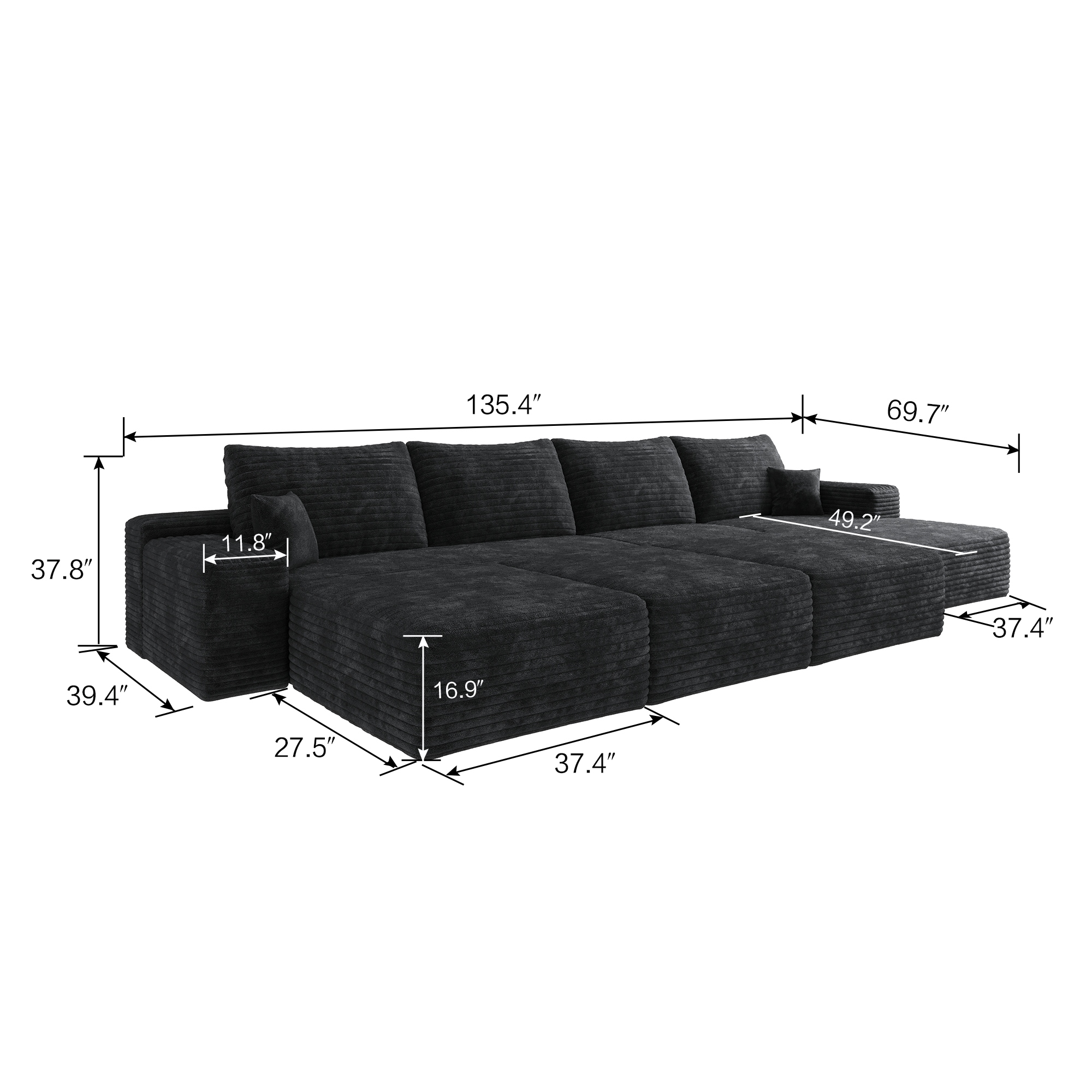 135"Large size modular cloud sofa 6 seats down sofa bed apartment living room sofa ,No Assembly Required,Black(Plush Corduroy Fabric) - Image 5