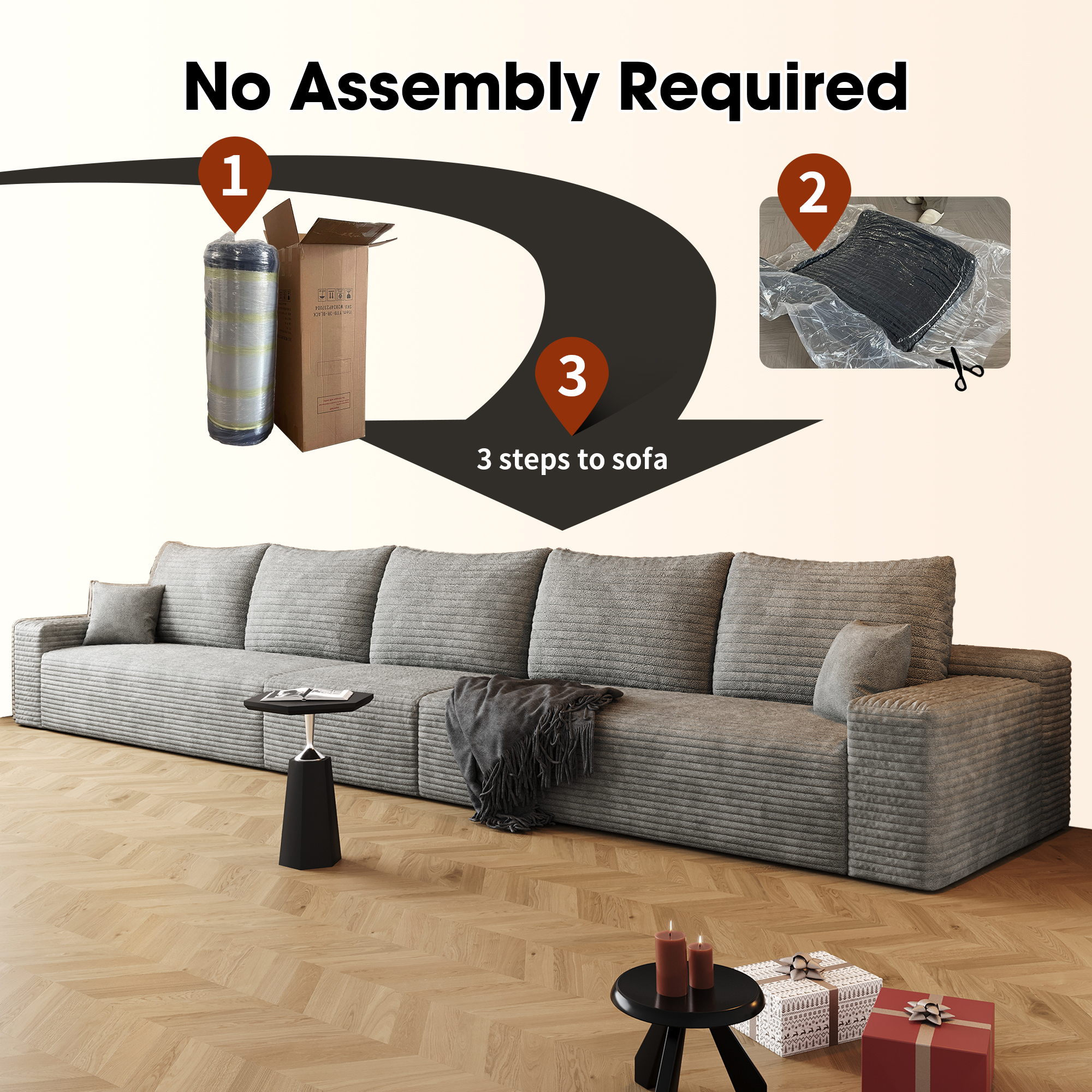 168" Cloud Sectional Couch,Modern Modular Sofa with Deep Seat, Upholstered Couches for Living Room Bedroom,No Assembly Required,Grey (Plush Corduroy Fabric) - Image 5