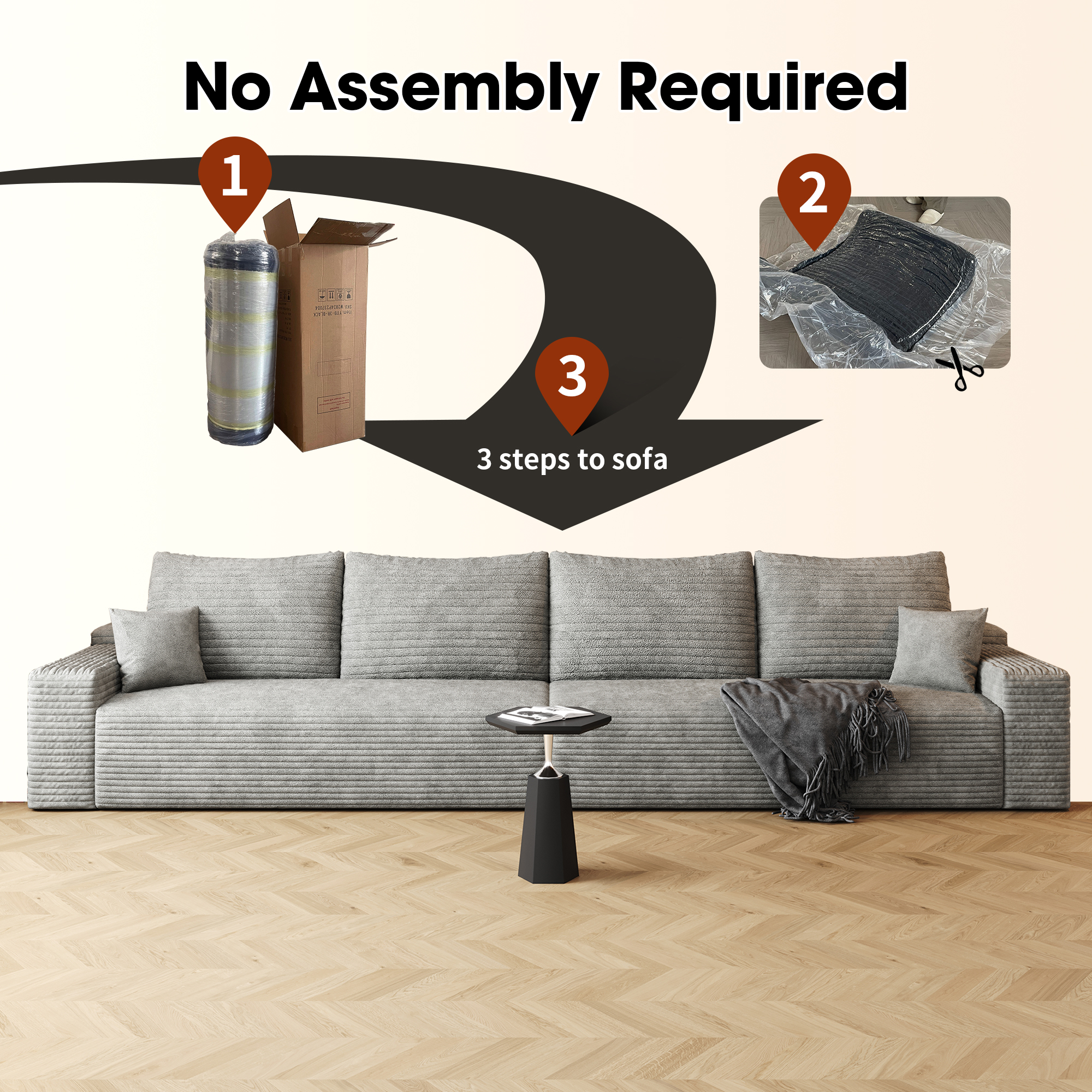 140" Cloud Sectional Couch,Modern Modular Sofa with Deep Seat, Upholstered Couches for Living Room Bedroom,No Assembly Required,Grey(Plush Corduroy Fabric) - Image 5