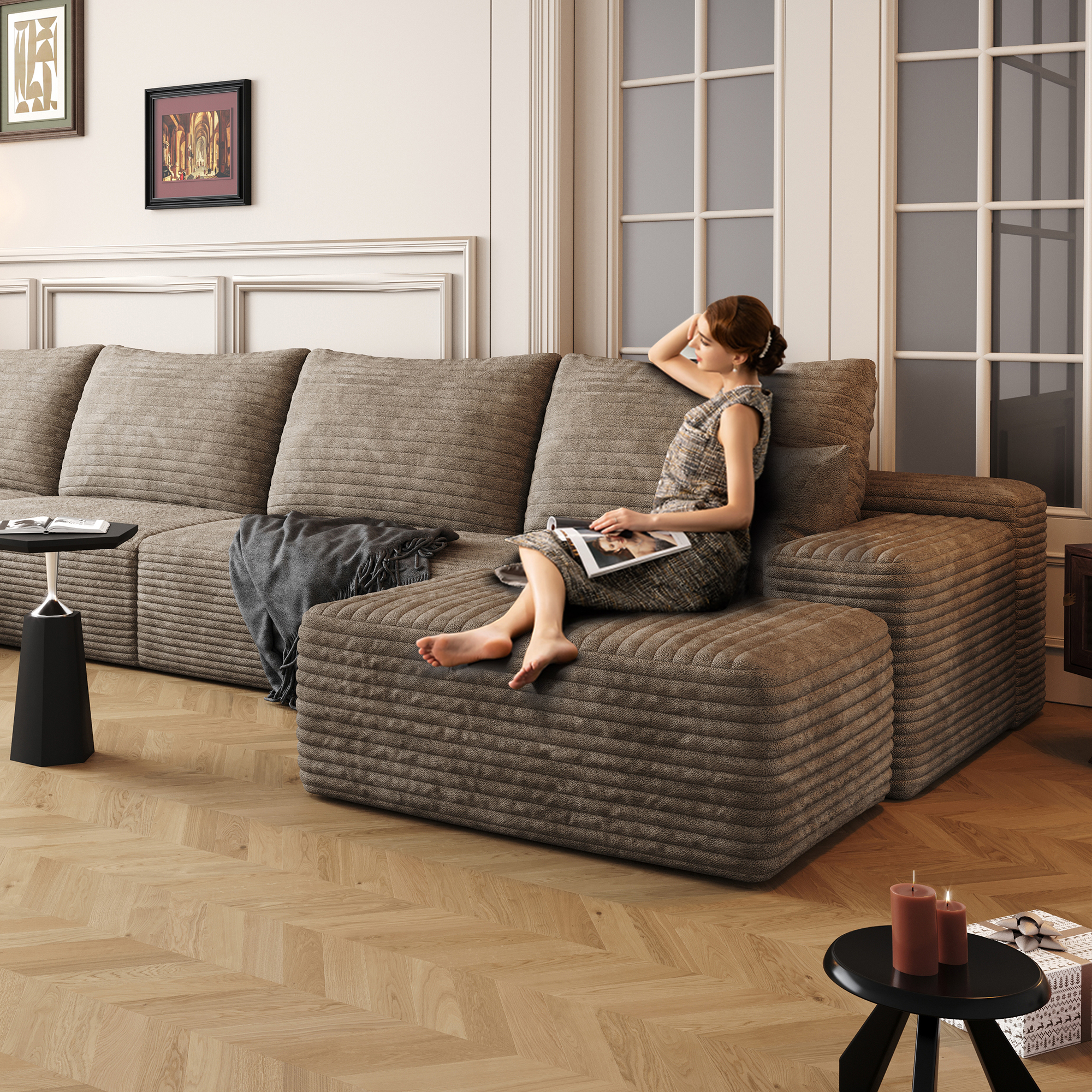 135" Cloud Sectional Couch with L-Shape Chaise,Modern Modular Sofa with Deep Seat, Upholstered Couches for Living Room Bedroom,No Assembly Required,Camel (Plush Corduroy Fabric) - Image 3