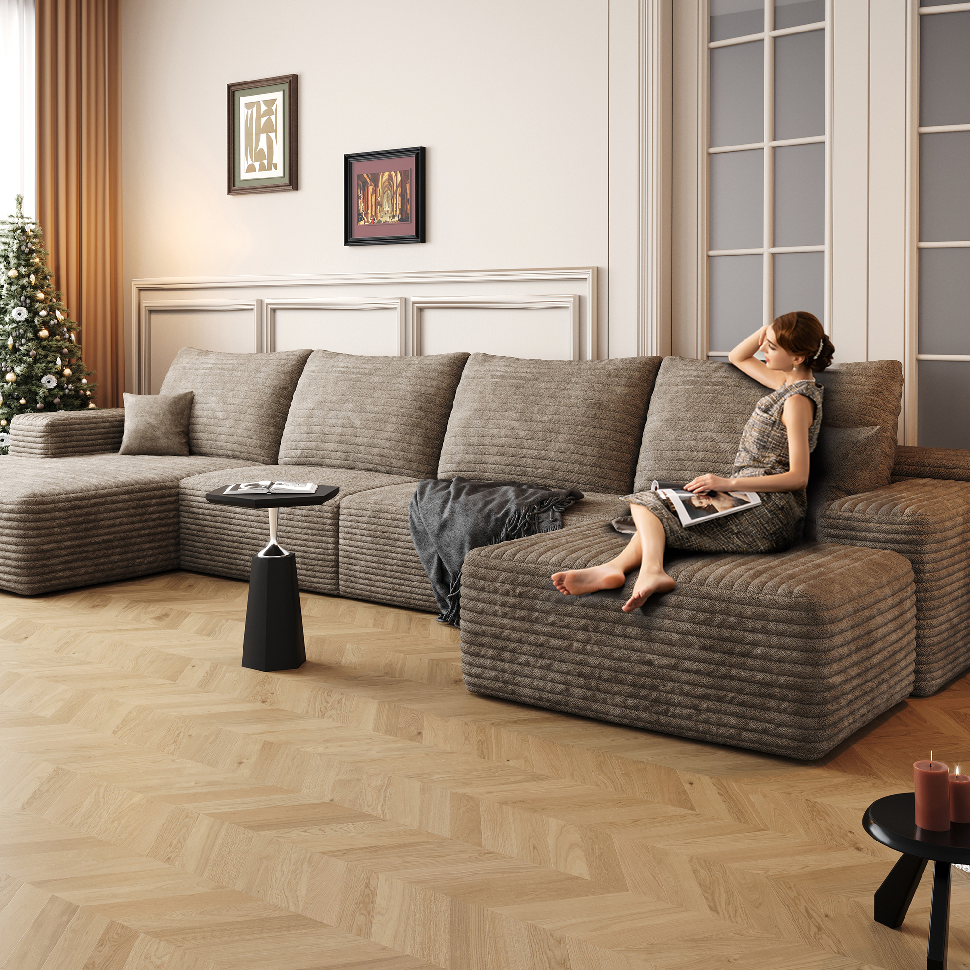 135" Cloud Sectional Sofa with 1 Ottoman,Modern Minimalist Upholstered Couches, Comfort U Shaped Sofa for Living Room,Deep Seat Corner Couch,No Assembly Required,Camel(Plush Corduroy Fabric) - Image 3