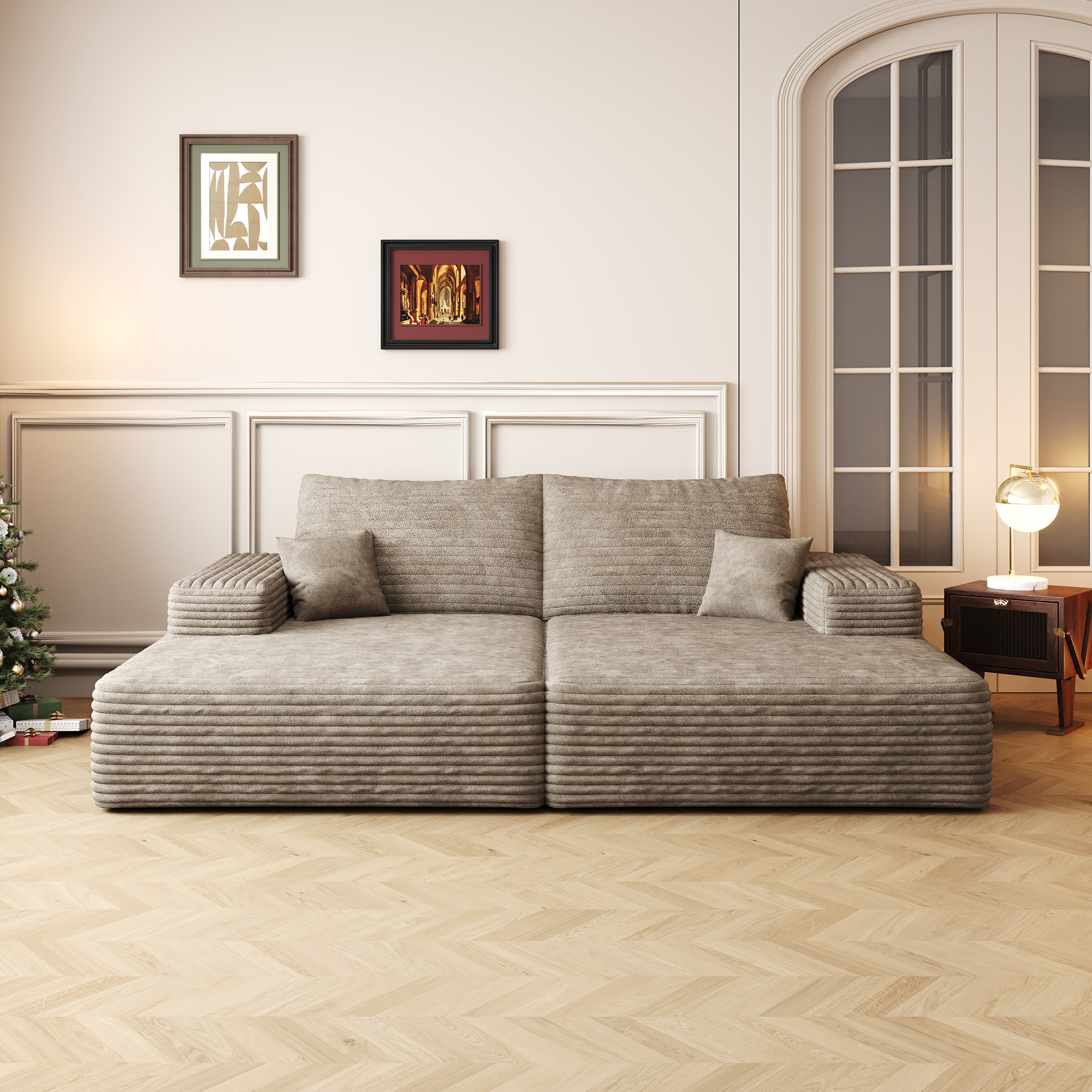 74.8" Modern Sofa bed With Dual sleeper, lounger for moviebonus room,No Assembly Required,Camel (Plush Corduroy Fabric) - Image 2