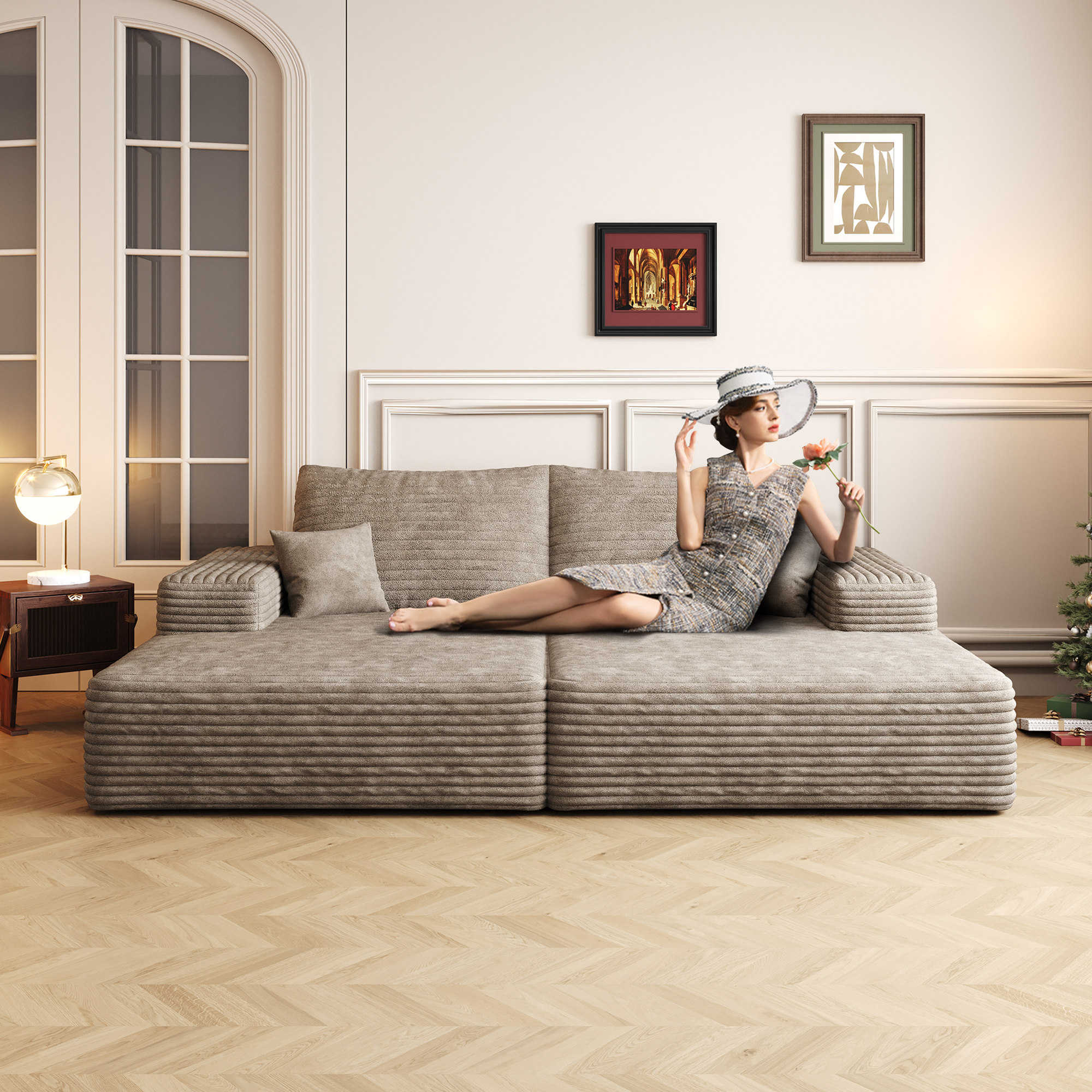 74.8" Modern Sofa bed With Dual sleeper, lounger for moviebonus room,No Assembly Required,Camel (Plush Corduroy Fabric) - Image 3