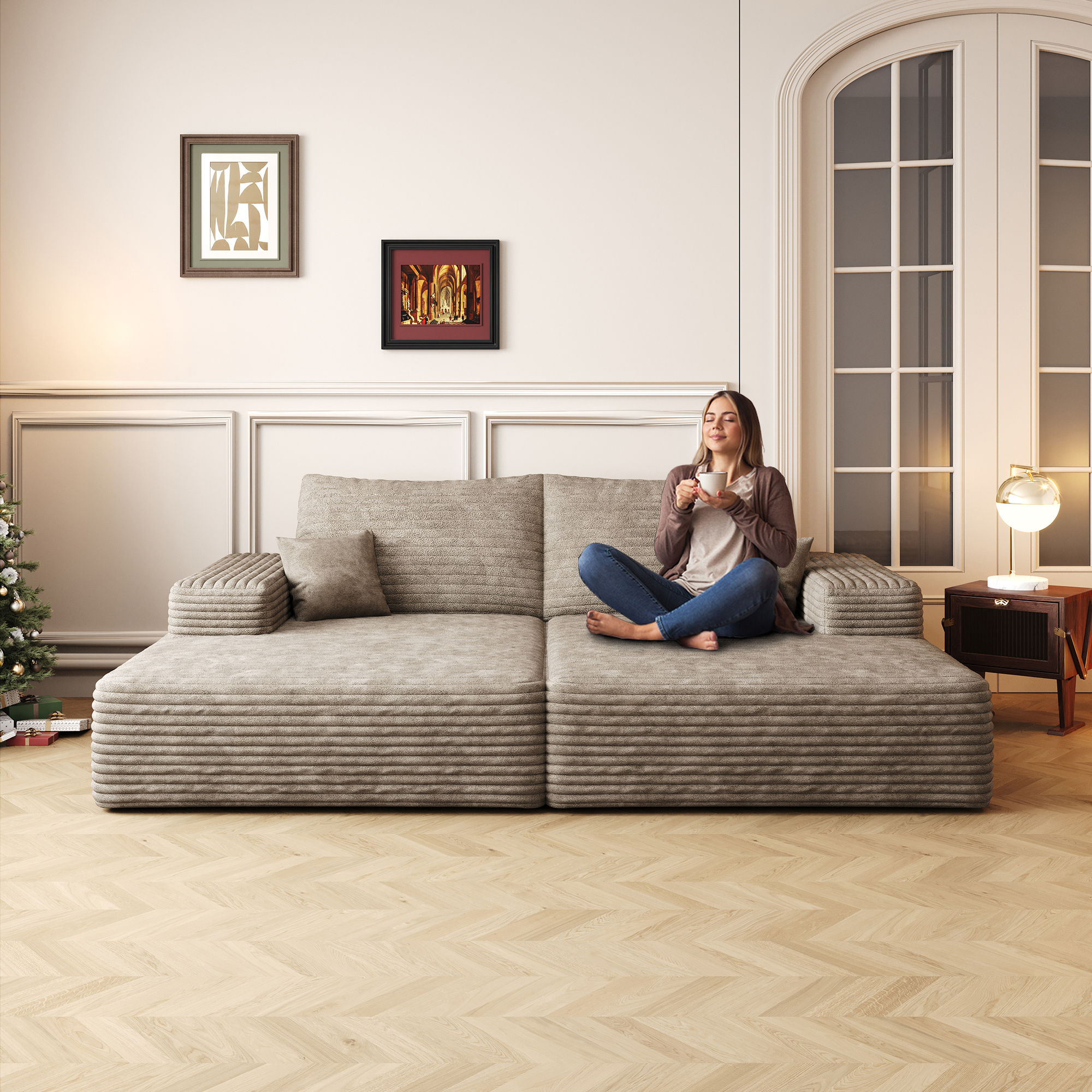 74.8" Modern Sofa bed With Dual sleeper, lounger for moviebonus room,No Assembly Required,Camel (Plush Corduroy Fabric) - Image 4