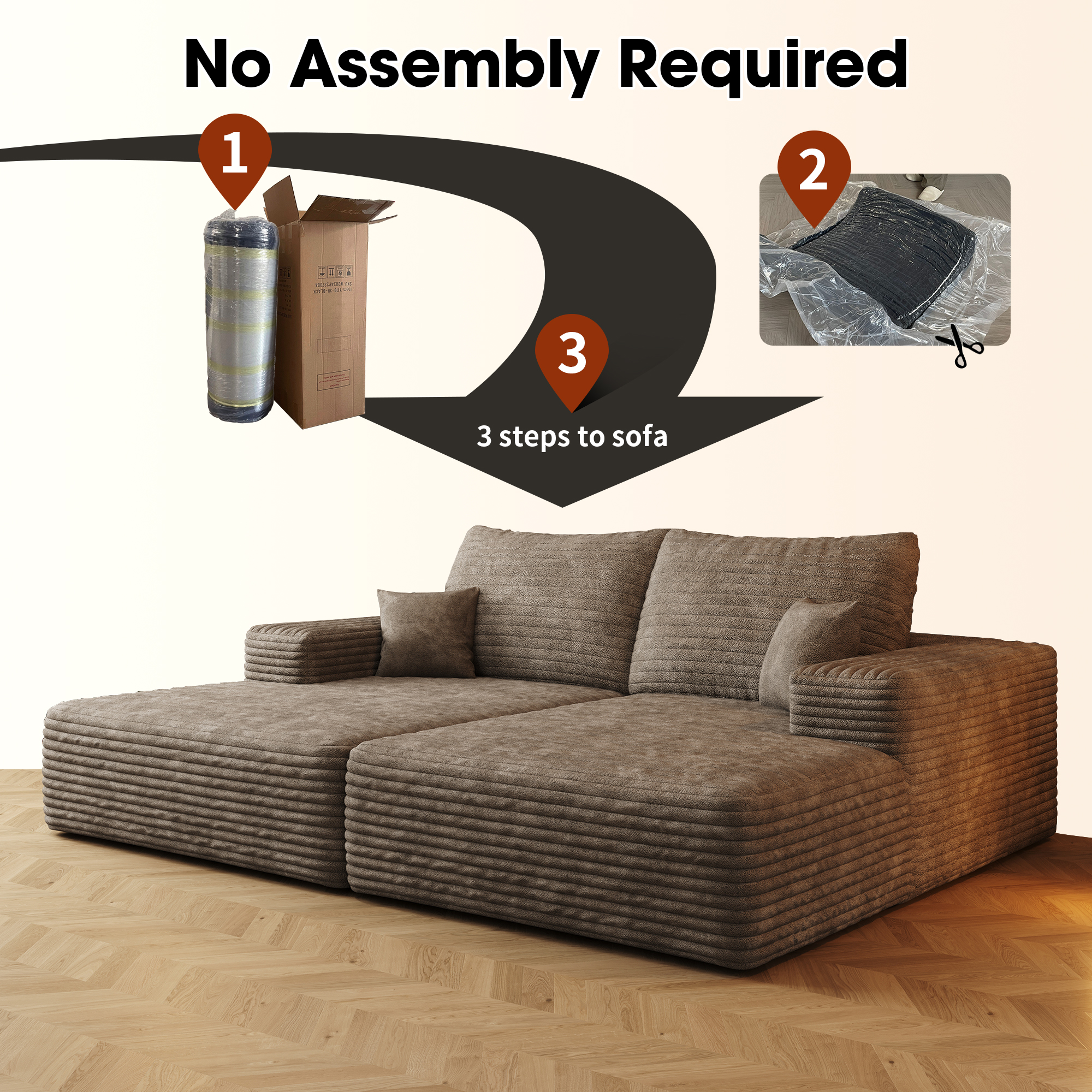 74.8" Modern Sofa bed With Dual sleeper, lounger for moviebonus room,No Assembly Required,Camel (Plush Corduroy Fabric) - Image 5