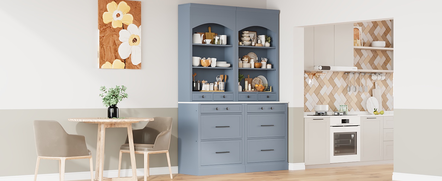 [Assembly Video Provided] TOPMAX Modern 83.7inch High Kitchen Pantry, Freestanding Tall Kitchen Hutch with Faux Marble Top, Cupboard Cabinet with 5 Storage Drawers and Adjustable Shelf, Set of 2, Gray - Image 2