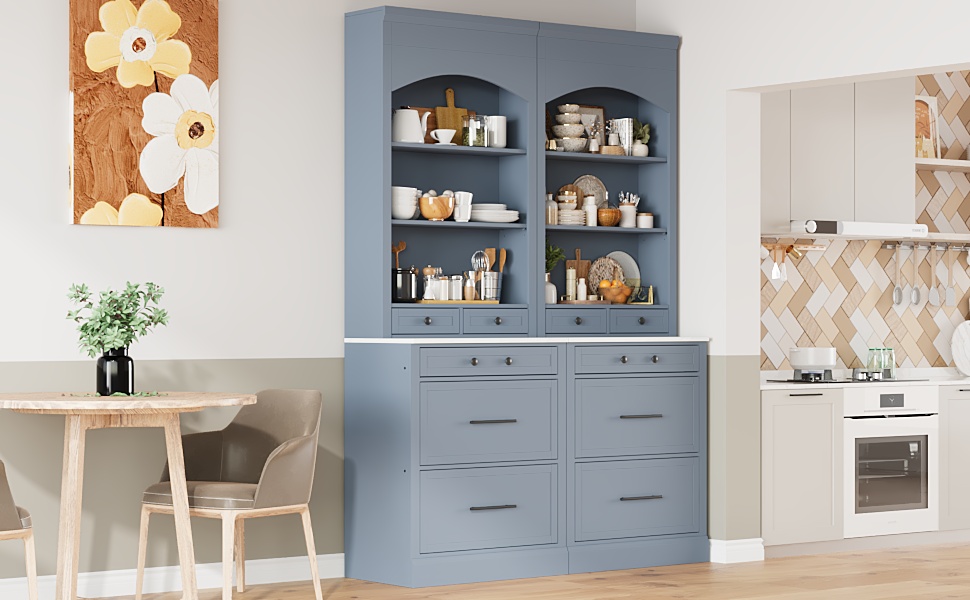 [Assembly Video Provided] TOPMAX Modern 83.7inch High Kitchen Pantry, Freestanding Tall Kitchen Hutch with Faux Marble Top, Cupboard Cabinet with 5 Storage Drawers and Adjustable Shelf, Set of 2, Gray - Image 3