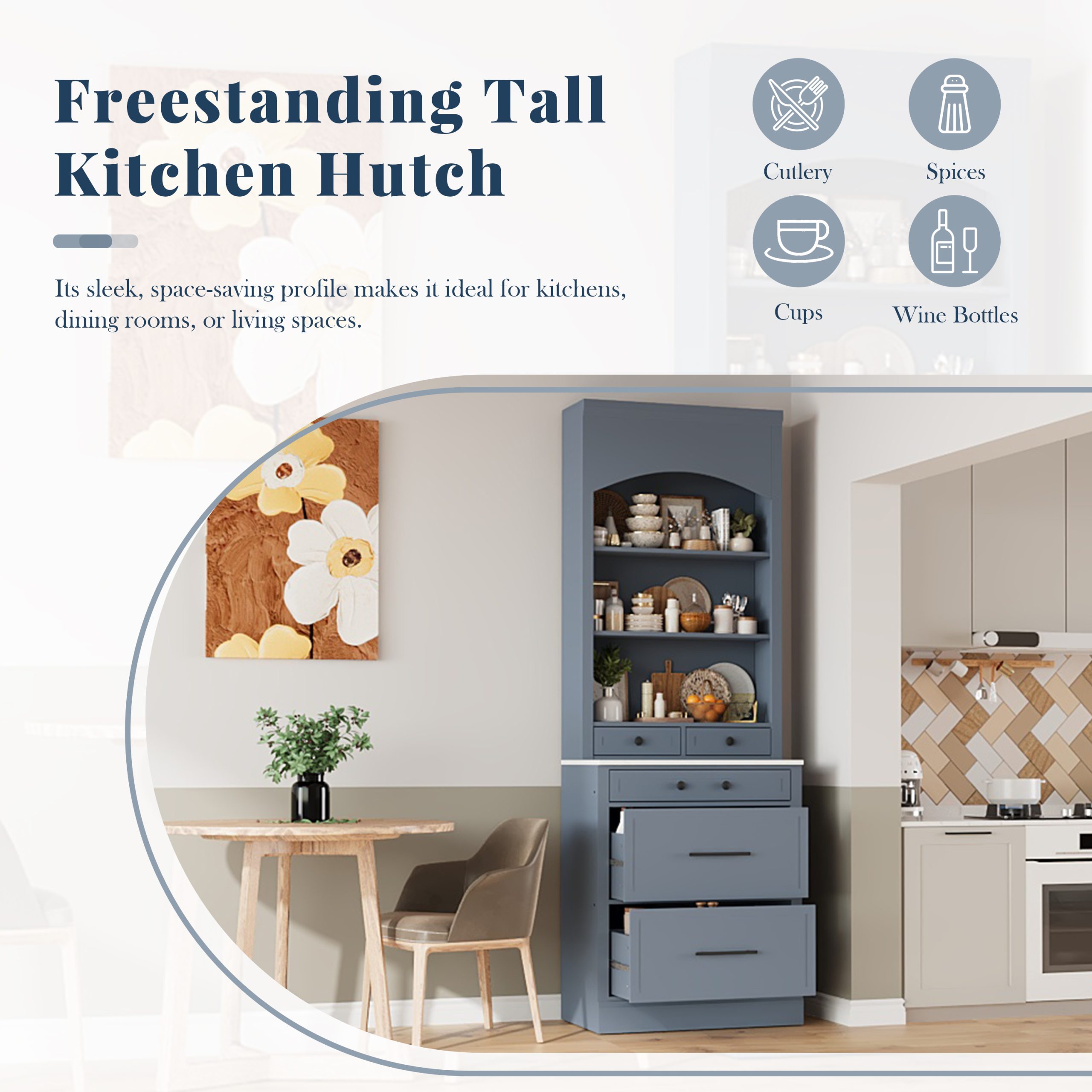 [Assembly Video Provided] TOPMAX Modern 83.7inch High Kitchen Pantry, Freestanding Tall Kitchen Hutch with Faux Marble Top, Display Cupboard Cabinet with 5 Storage Drawers and Adjustable Shelf, Gray - Image 4