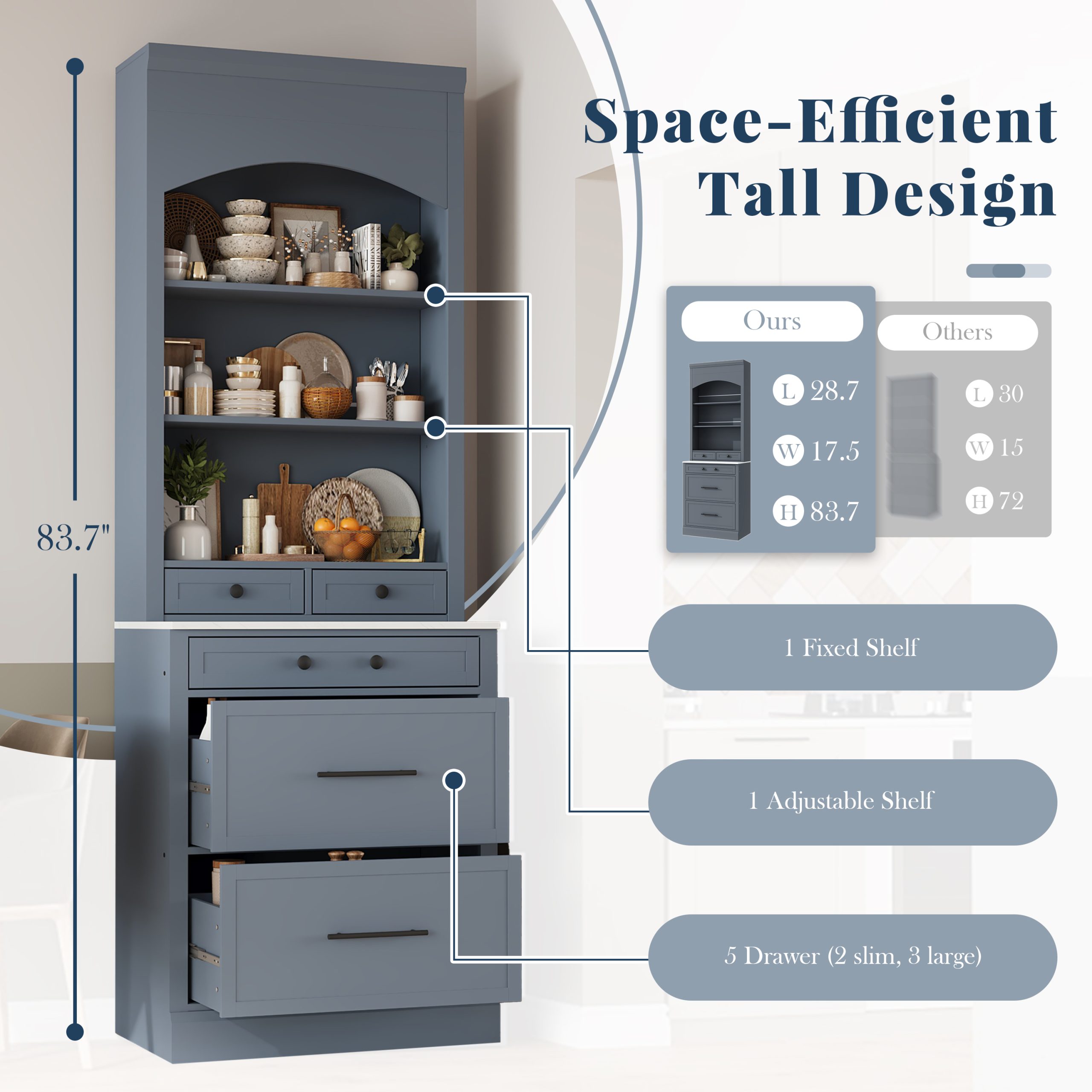 [Assembly Video Provided] TOPMAX Modern 83.7inch High Kitchen Pantry, Freestanding Tall Kitchen Hutch with Faux Marble Top, Display Cupboard Cabinet with 5 Storage Drawers and Adjustable Shelf, Gray - Image 5