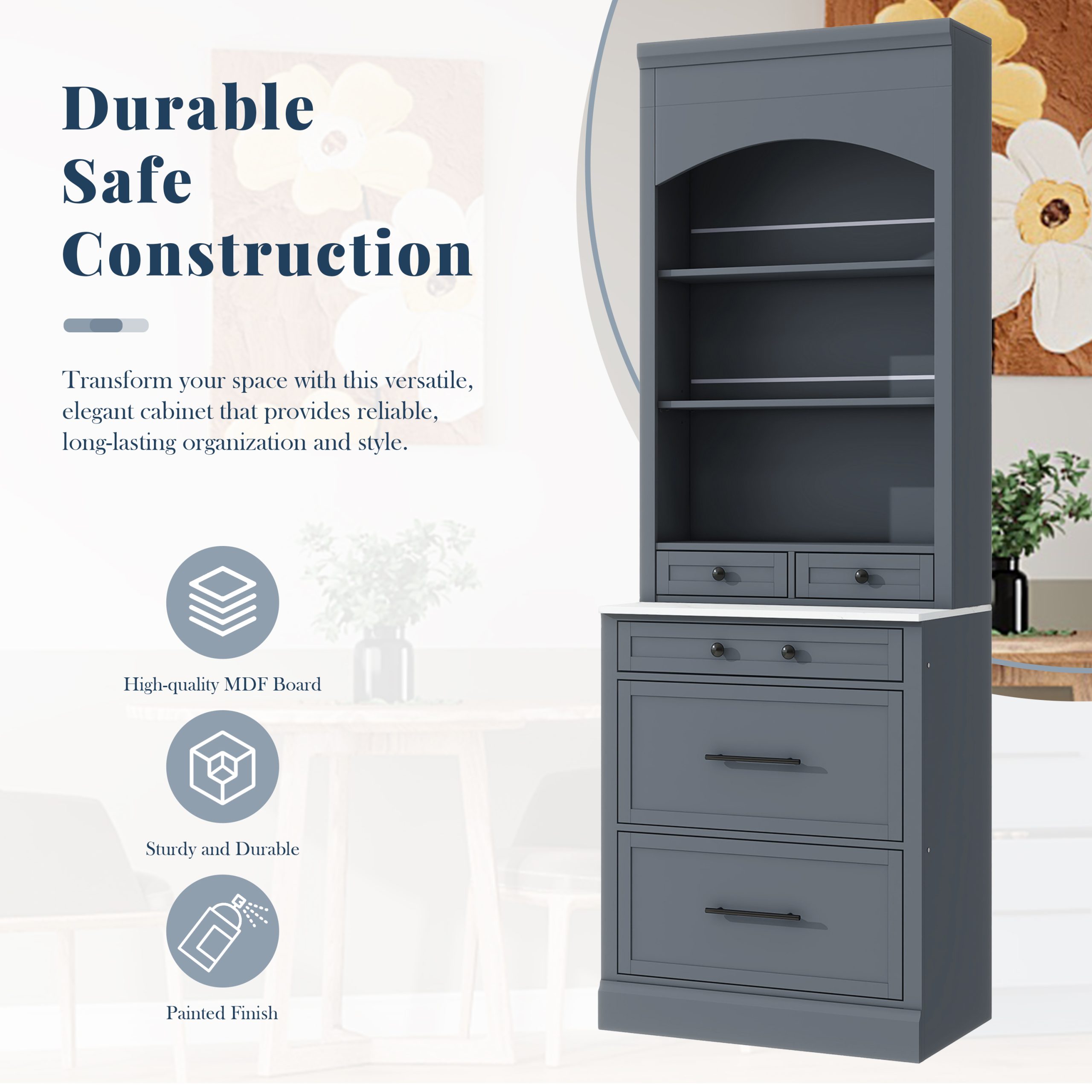 [Assembly Video Provided] TOPMAX Modern 83.7inch High Kitchen Pantry, Freestanding Tall Kitchen Hutch with Faux Marble Top, Display Cupboard Cabinet with 5 Storage Drawers and Adjustable Shelf, Gray - Image 6