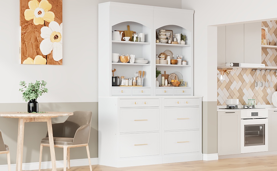 [Assembly Video Provided] TOPMAX Modern 83.7inch High Kitchen Pantry, Freestanding Tall Kitchen Hutch with Faux Marble Top,Cupboard Cabinet with 5 Storage Drawers and Adjustable Shelf, Set of 2, White - Image 2