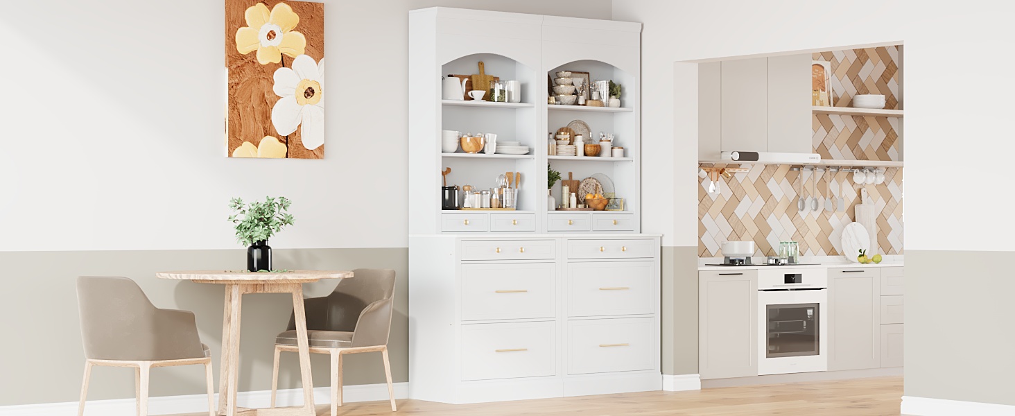 [Assembly Video Provided] TOPMAX Modern 83.7inch High Kitchen Pantry, Freestanding Tall Kitchen Hutch with Faux Marble Top,Cupboard Cabinet with 5 Storage Drawers and Adjustable Shelf, Set of 2, White - Image 3