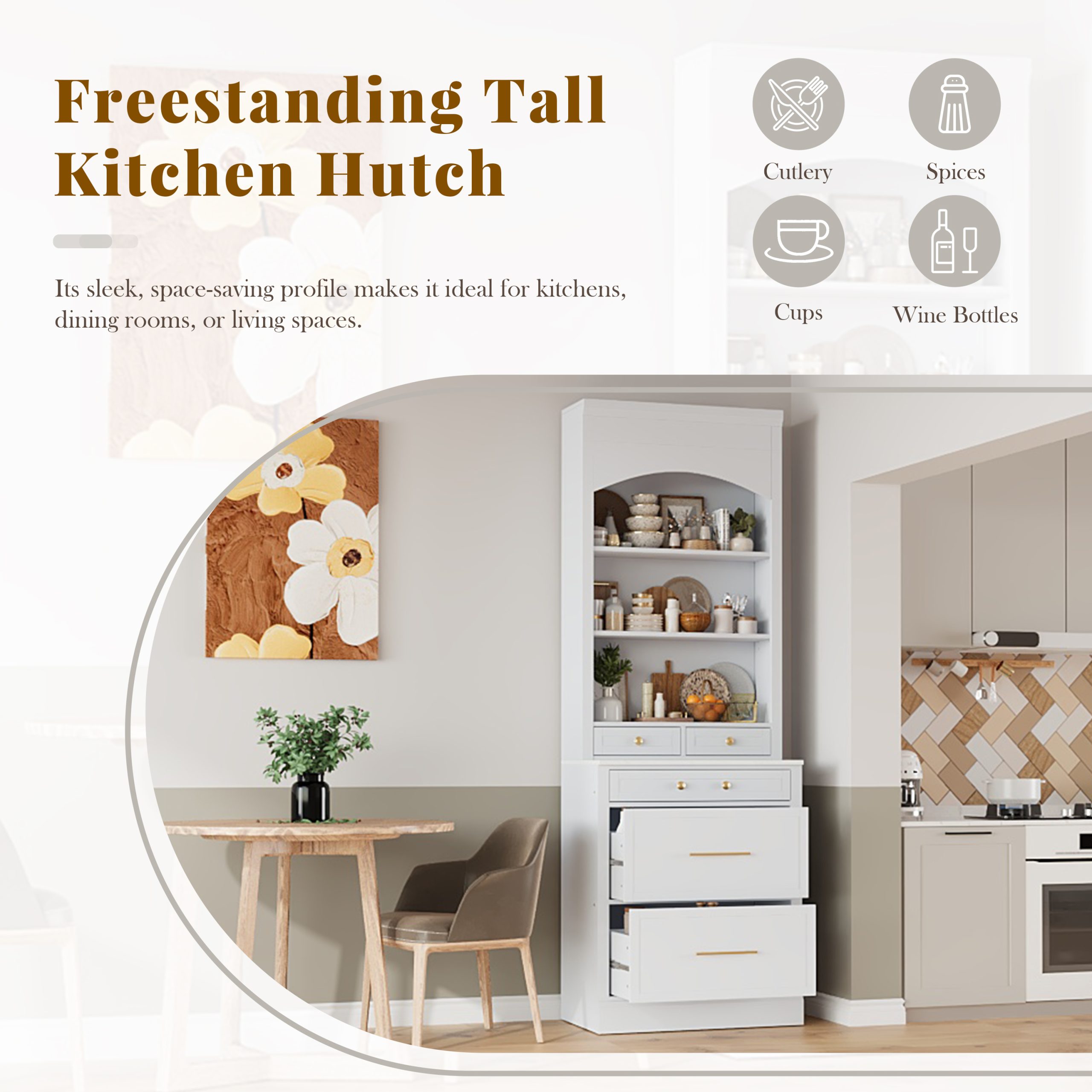 [Assembly Video Provided] TOPMAX Modern 83.7inch High Kitchen Pantry, Freestanding Tall Kitchen Hutch with Faux Marble Top, Display Cupboard Cabinet with 5 Storage Drawers and Adjustable Shelf, White - Image 4