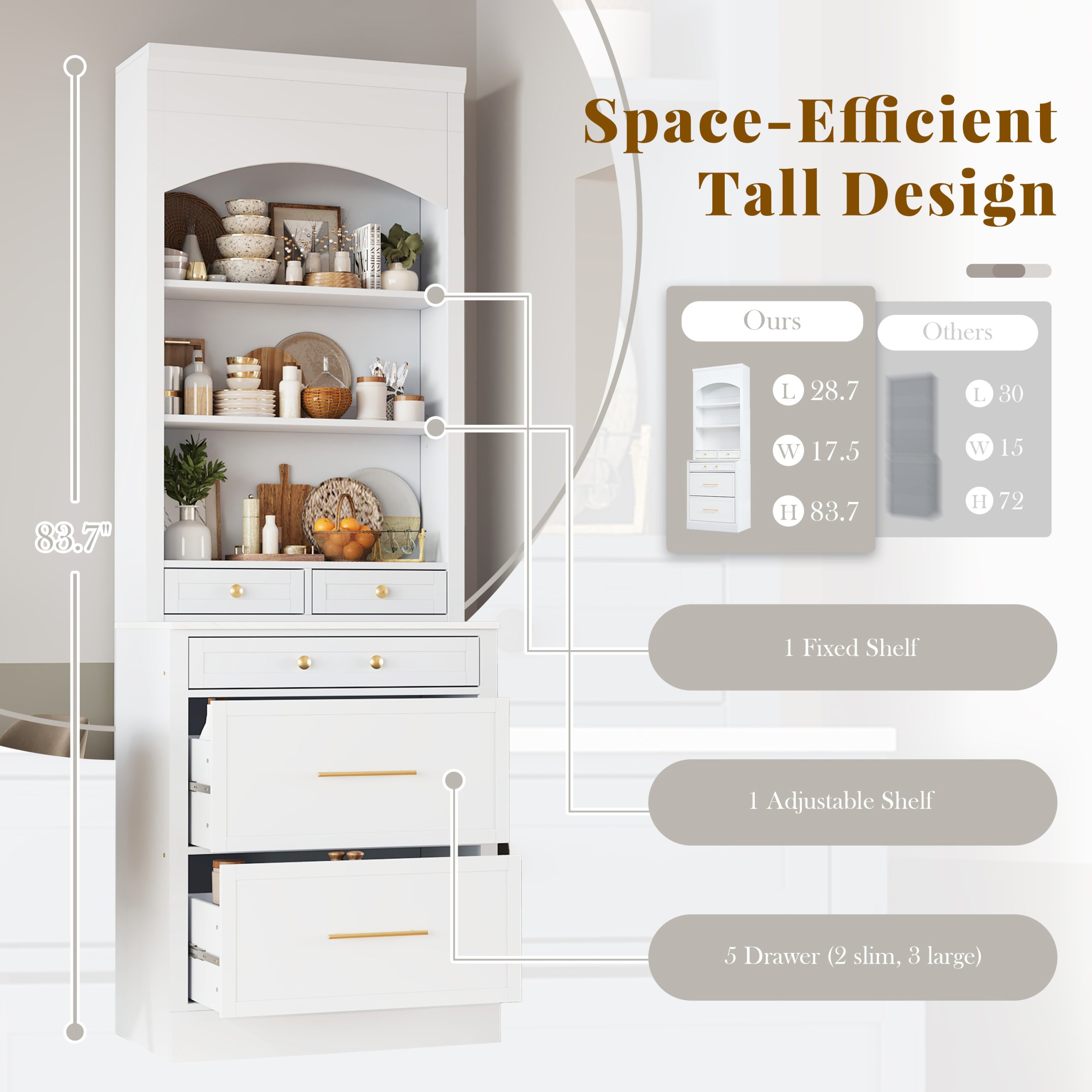 [Assembly Video Provided] TOPMAX Modern 83.7inch High Kitchen Pantry, Freestanding Tall Kitchen Hutch with Faux Marble Top, Display Cupboard Cabinet with 5 Storage Drawers and Adjustable Shelf, White - Image 5