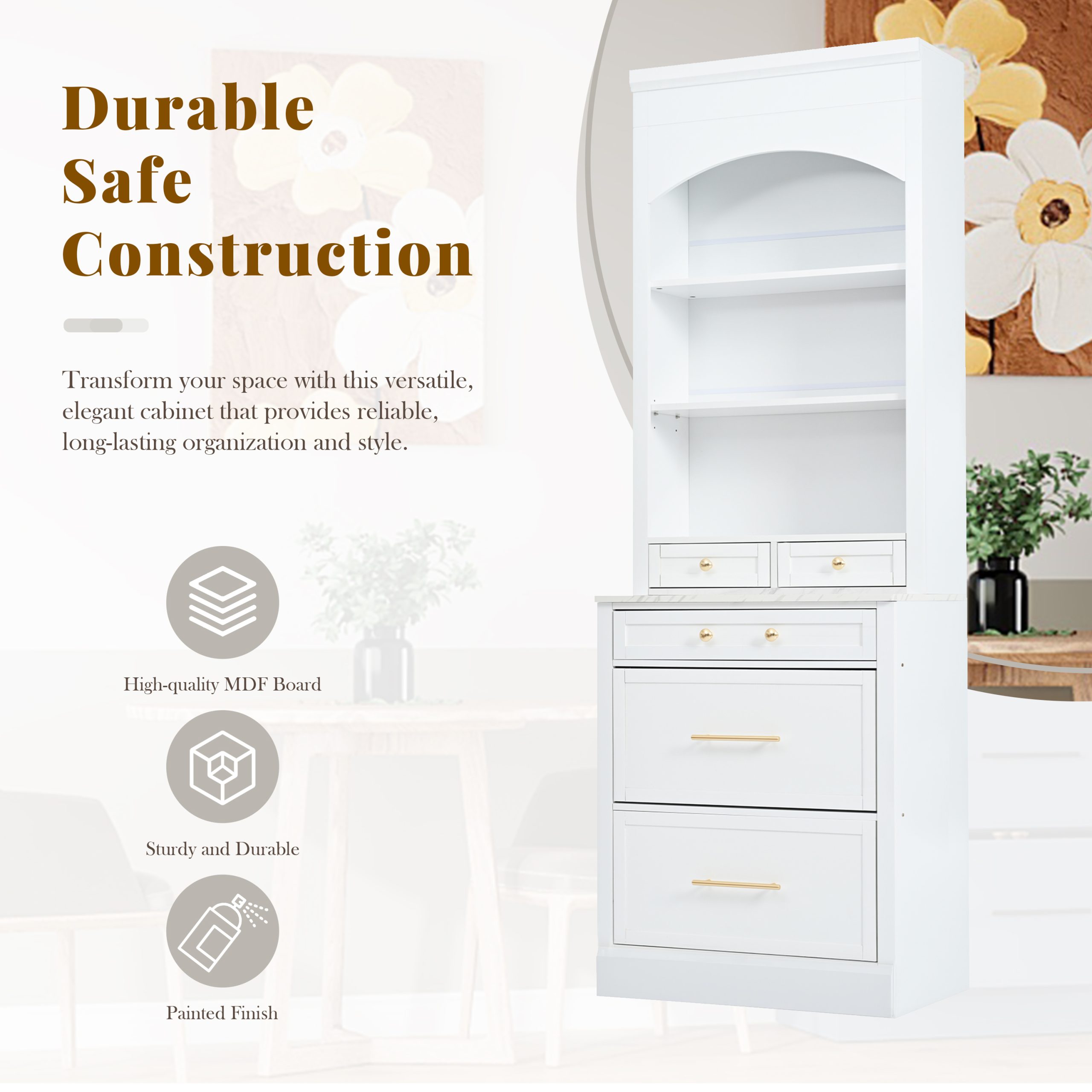 [Assembly Video Provided] TOPMAX Modern 83.7inch High Kitchen Pantry, Freestanding Tall Kitchen Hutch with Faux Marble Top, Display Cupboard Cabinet with 5 Storage Drawers and Adjustable Shelf, White - Image 6