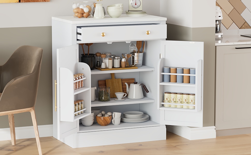 [Assembly Video Provided] TOPMAX Modern Freestanding Kitchen Pantry,Buffet Food Storage, Coffee Bar Cabinet with Drawer, 2 Adjustable Shelves and 2 Door Shelves for Dining, Kitchen, White - Image 2