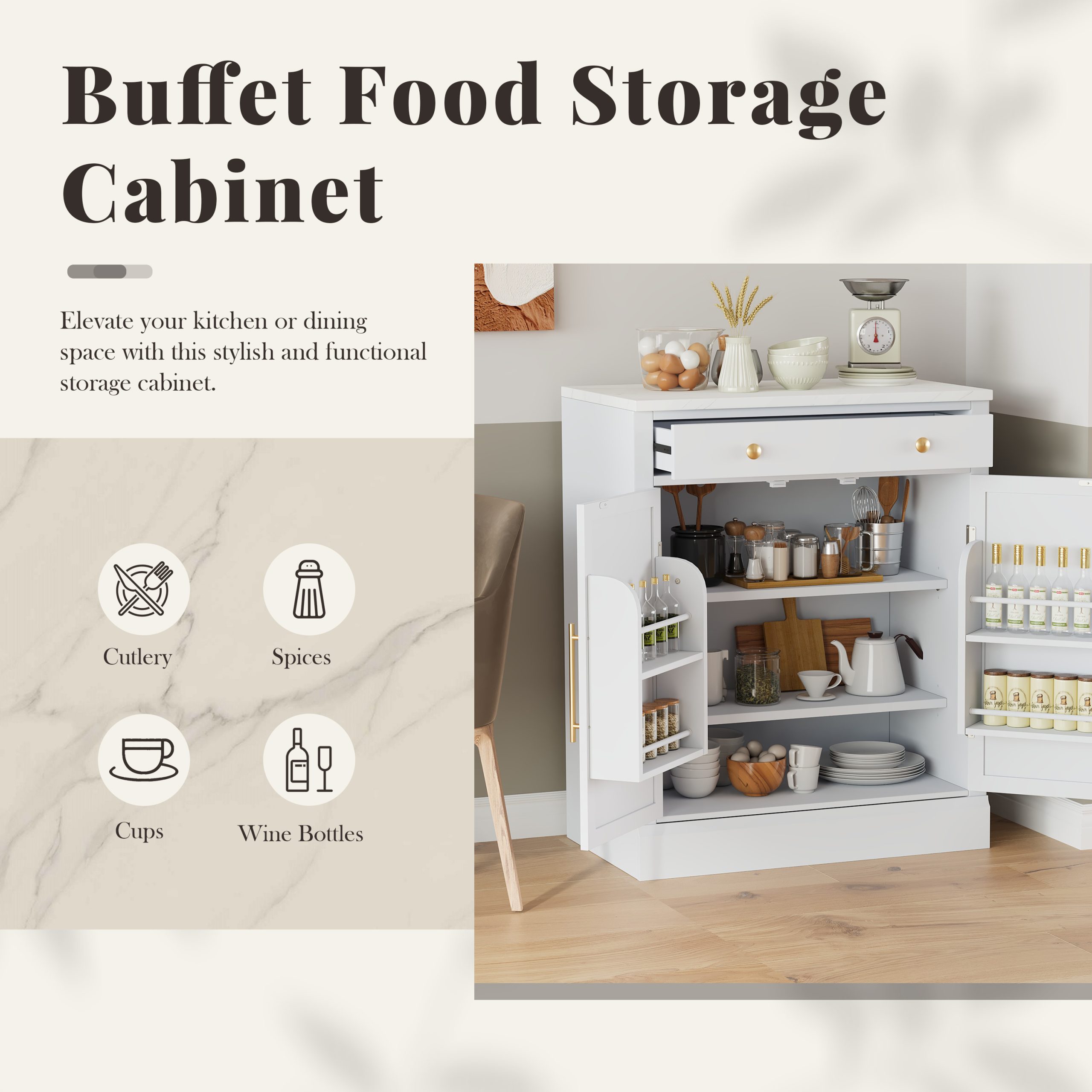 [Assembly Video Provided] TOPMAX Modern Freestanding Kitchen Pantry,Buffet Food Storage, Coffee Bar Cabinet with Drawer, 2 Adjustable Shelves and 2 Door Shelves for Dining, Kitchen, White - Image 4