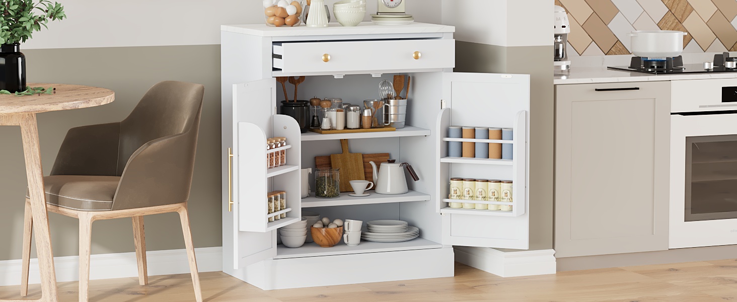 [Assembly Video Provided] TOPMAX Modern Freestanding Kitchen Pantry,Buffet Food Storage, Coffee Bar Cabinet with Drawer, 2 Adjustable Shelves and 2 Door Shelves for Dining, Kitchen, White - Image 3
