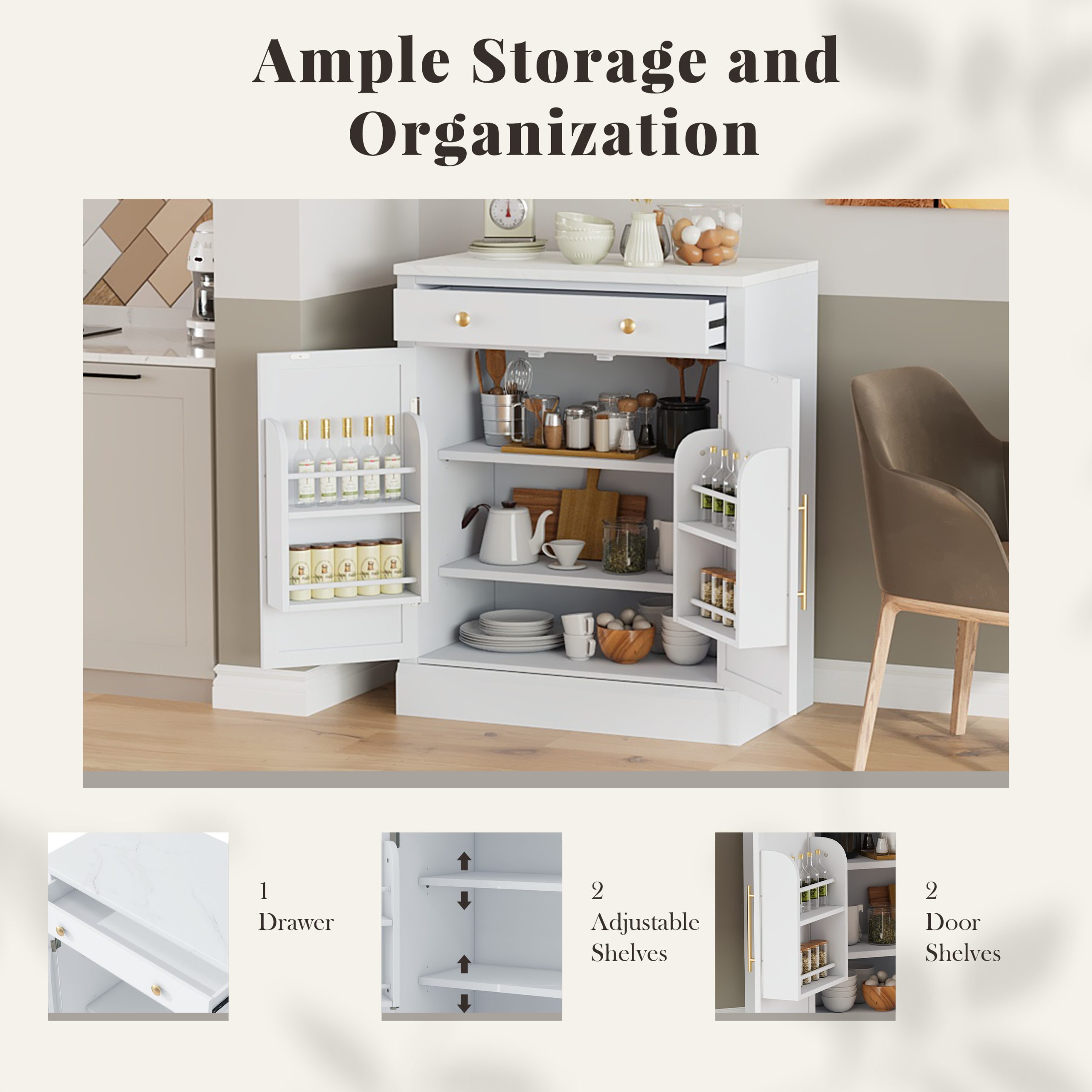 [Assembly Video Provided] TOPMAX Modern Freestanding Kitchen Pantry,Buffet Food Storage, Coffee Bar Cabinet with Drawer, 2 Adjustable Shelves and 2 Door Shelves for Dining, Kitchen, White - Image 6