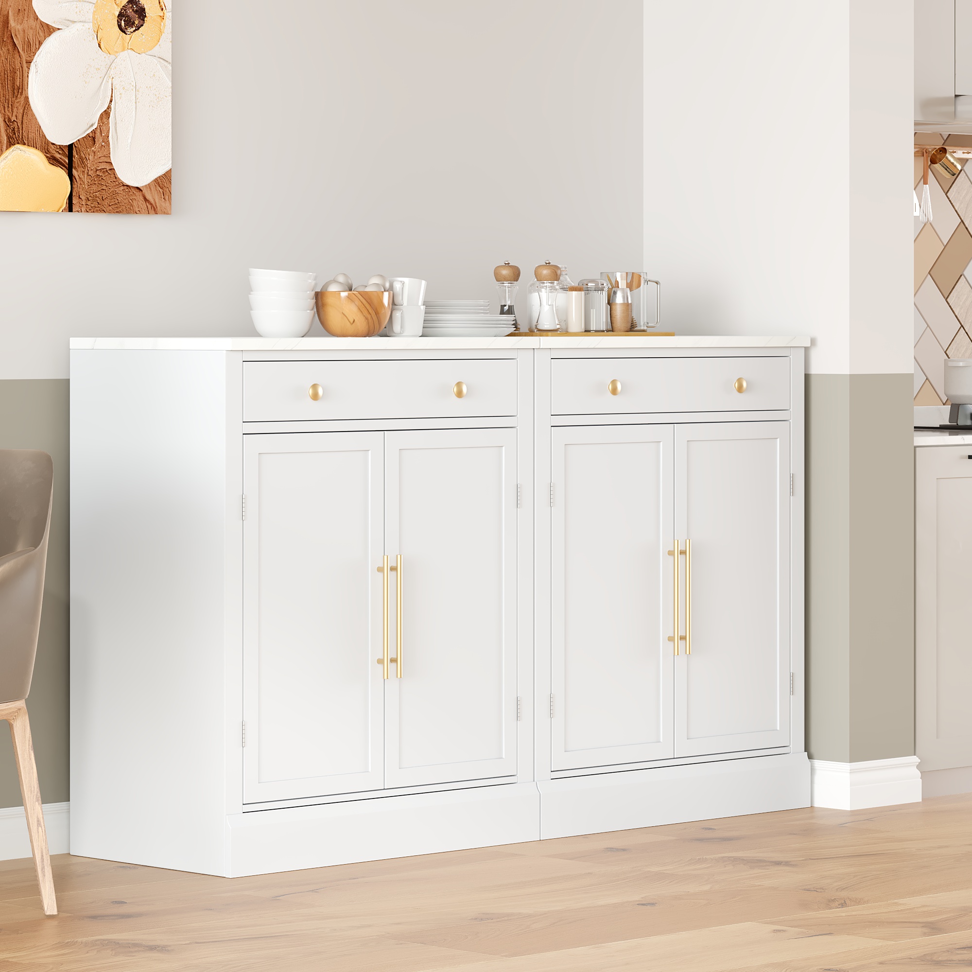 [Assembly Video Provided] TOPMAX Modern Freestanding Kitchen Pantry,Buffet Food Storage, Coffee Bar Cabinet with Drawer, 2 Adjustable Shelves and 2 Door Shelves for Dining, Kitchen, Set of 2, White