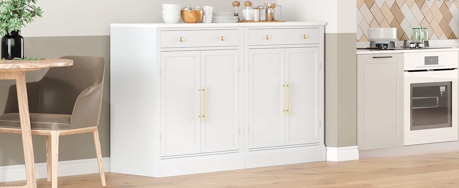 [Assembly Video Provided] TOPMAX Modern Freestanding Kitchen Pantry,Buffet Food Storage, Coffee Bar Cabinet with Drawer, 2 Adjustable Shelves and 2 Door Shelves for Dining, Kitchen, Set of 2, White - Image 2