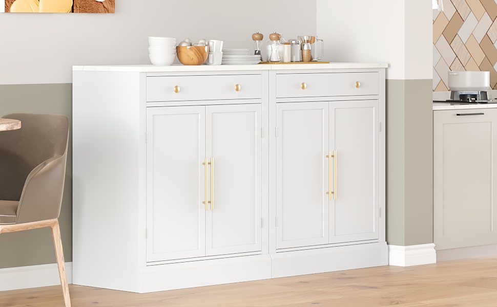 [Assembly Video Provided] TOPMAX Modern Freestanding Kitchen Pantry,Buffet Food Storage, Coffee Bar Cabinet with Drawer, 2 Adjustable Shelves and 2 Door Shelves for Dining, Kitchen, Set of 2, White - Image 3