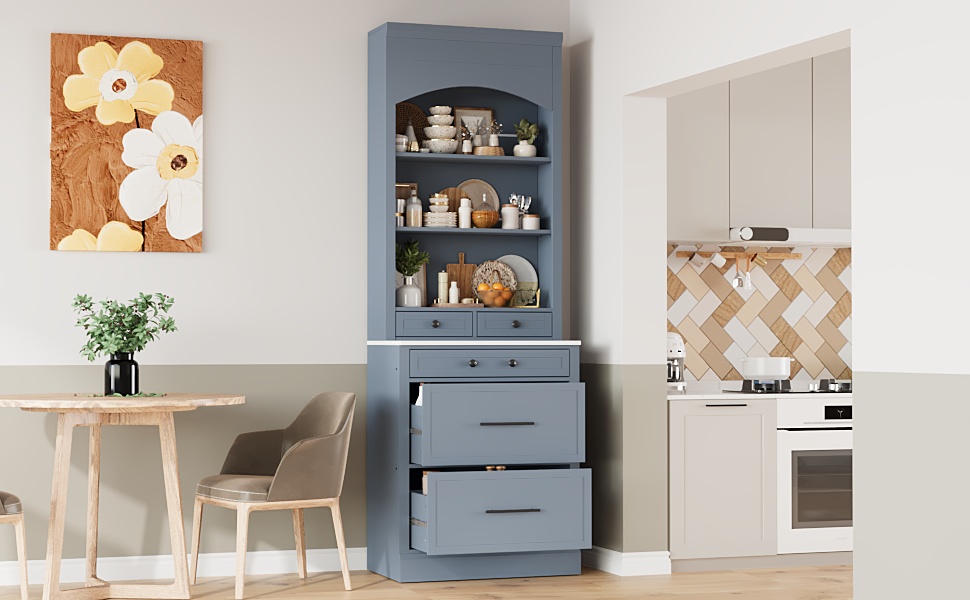 [Assembly Video Provided] TOPMAX Modern 83.7inch High Kitchen Pantry, Freestanding Tall Kitchen Hutch with Faux Marble Top, Display Cupboard Cabinet with 5 Storage Drawers and Adjustable Shelf, Gray - Image 2