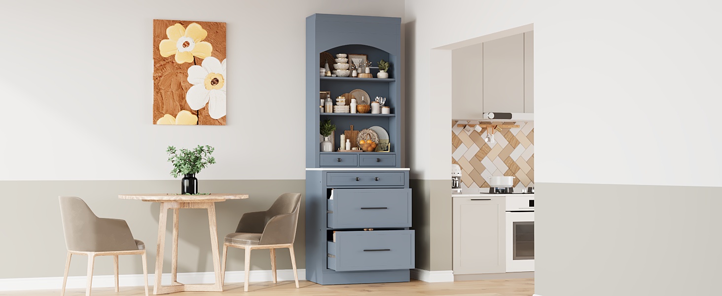 [Assembly Video Provided] TOPMAX Modern 83.7inch High Kitchen Pantry, Freestanding Tall Kitchen Hutch with Faux Marble Top, Display Cupboard Cabinet with 5 Storage Drawers and Adjustable Shelf, Gray - Image 3