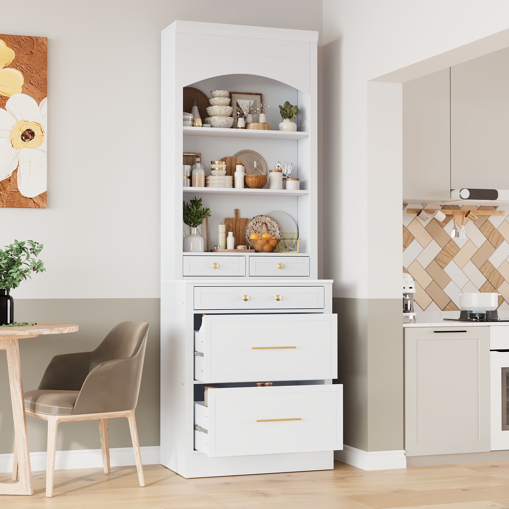 [Assembly Video Provided] TOPMAX Modern 83.7inch High Kitchen Pantry, Freestanding Tall Kitchen Hutch with Faux Marble Top, Display Cupboard Cabinet with 5 Storage Drawers and Adjustable Shelf, White