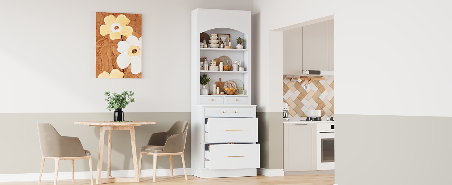 [Assembly Video Provided] TOPMAX Modern 83.7inch High Kitchen Pantry, Freestanding Tall Kitchen Hutch with Faux Marble Top, Display Cupboard Cabinet with 5 Storage Drawers and Adjustable Shelf, White - Image 2