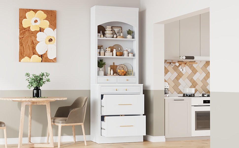 [Assembly Video Provided] TOPMAX Modern 83.7inch High Kitchen Pantry, Freestanding Tall Kitchen Hutch with Faux Marble Top, Display Cupboard Cabinet with 5 Storage Drawers and Adjustable Shelf, White - Image 3