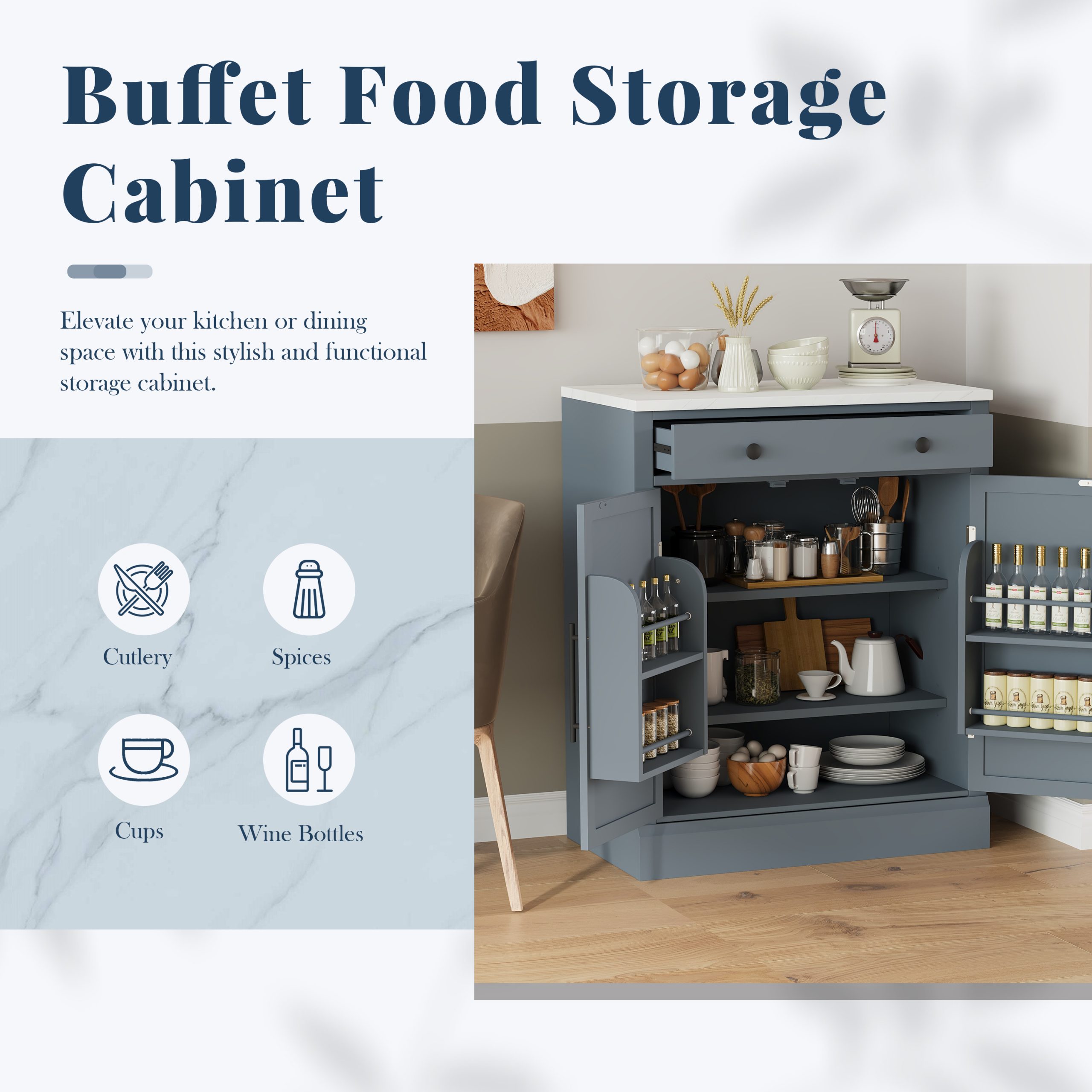 [Assembly Video Provided] TOPMAX Modern Freestanding Kitchen Pantry,Buffet Food Storage, Coffee Bar Cabinet with Drawer, 2 Adjustable Shelves and 2 Door Shelves for Dining, Kitchen, Gray - Image 4