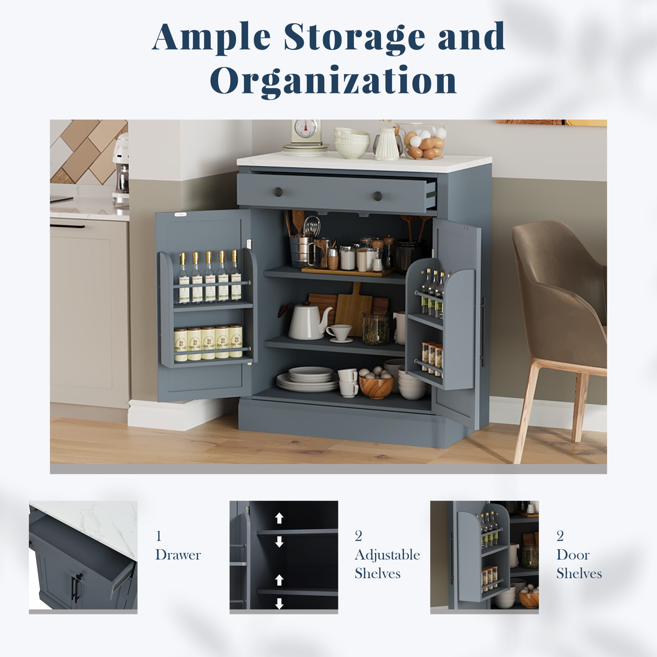 [Assembly Video Provided] TOPMAX Modern Freestanding Kitchen Pantry,Buffet Food Storage, Coffee Bar Cabinet with Drawer, 2 Adjustable Shelves and 2 Door Shelves for Dining, Kitchen, Gray - Image 6