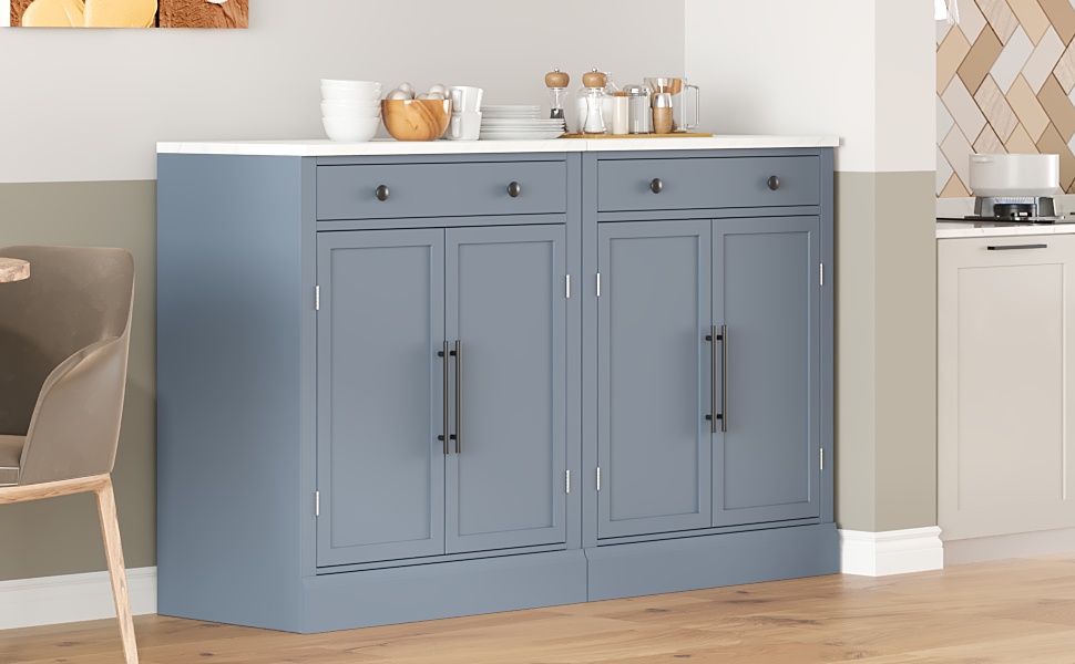 [Assembly Video Provided] TOPMAX Modern Freestanding Kitchen Pantry,Buffet Food Storage, Coffee Bar Cabinet with Drawer, 2 Adjustable Shelves and 2 Door Shelves for Dining, Kitchen, Set of 2, Gray - Image 2