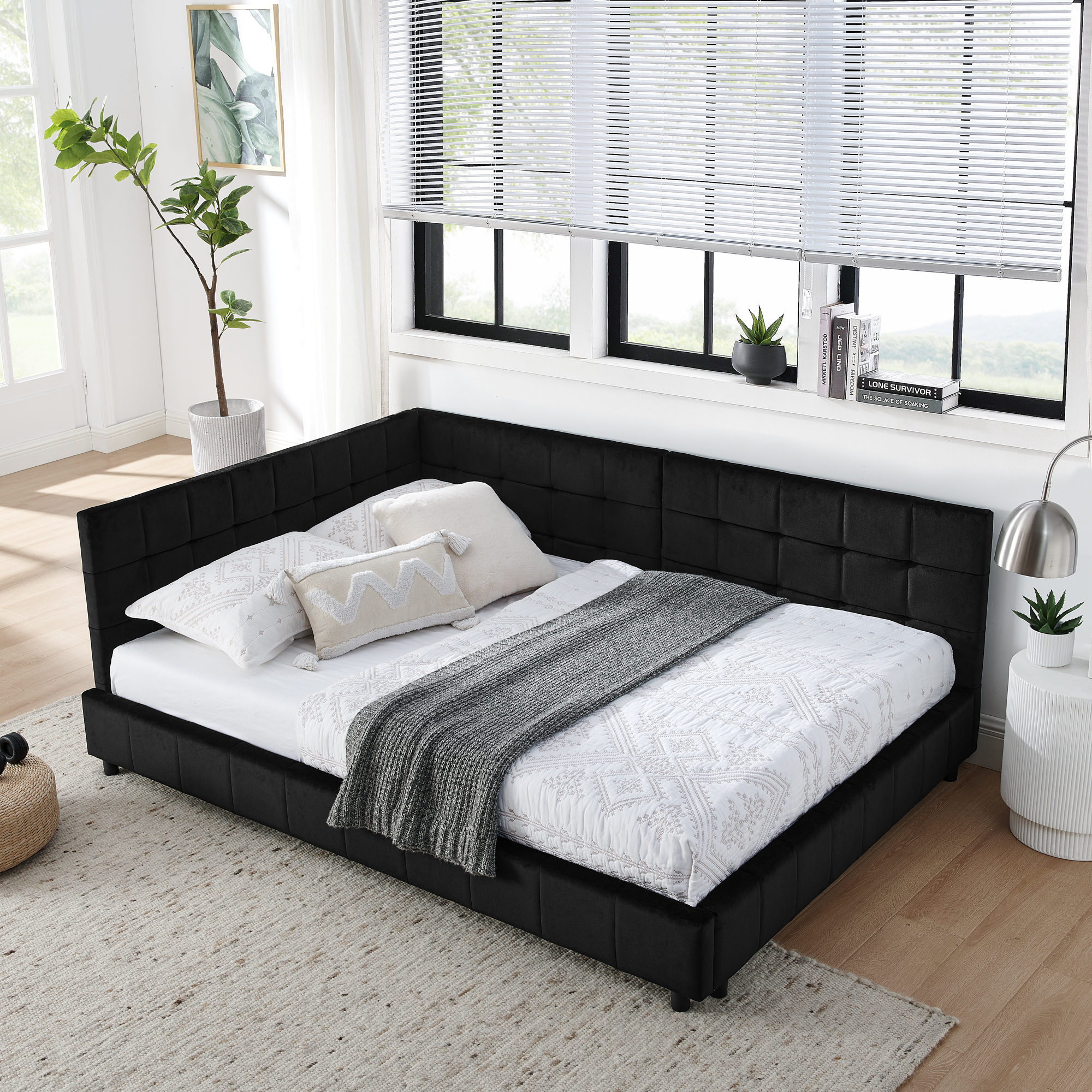 Full Size Upholstered Tufted Bed Frame, Sofa Bed Frame with Comfortable Backrest and Armrests, Full Size Bed for Bedroom, Living Room,Velvet, Black(80.5”*59”*30.5”)
