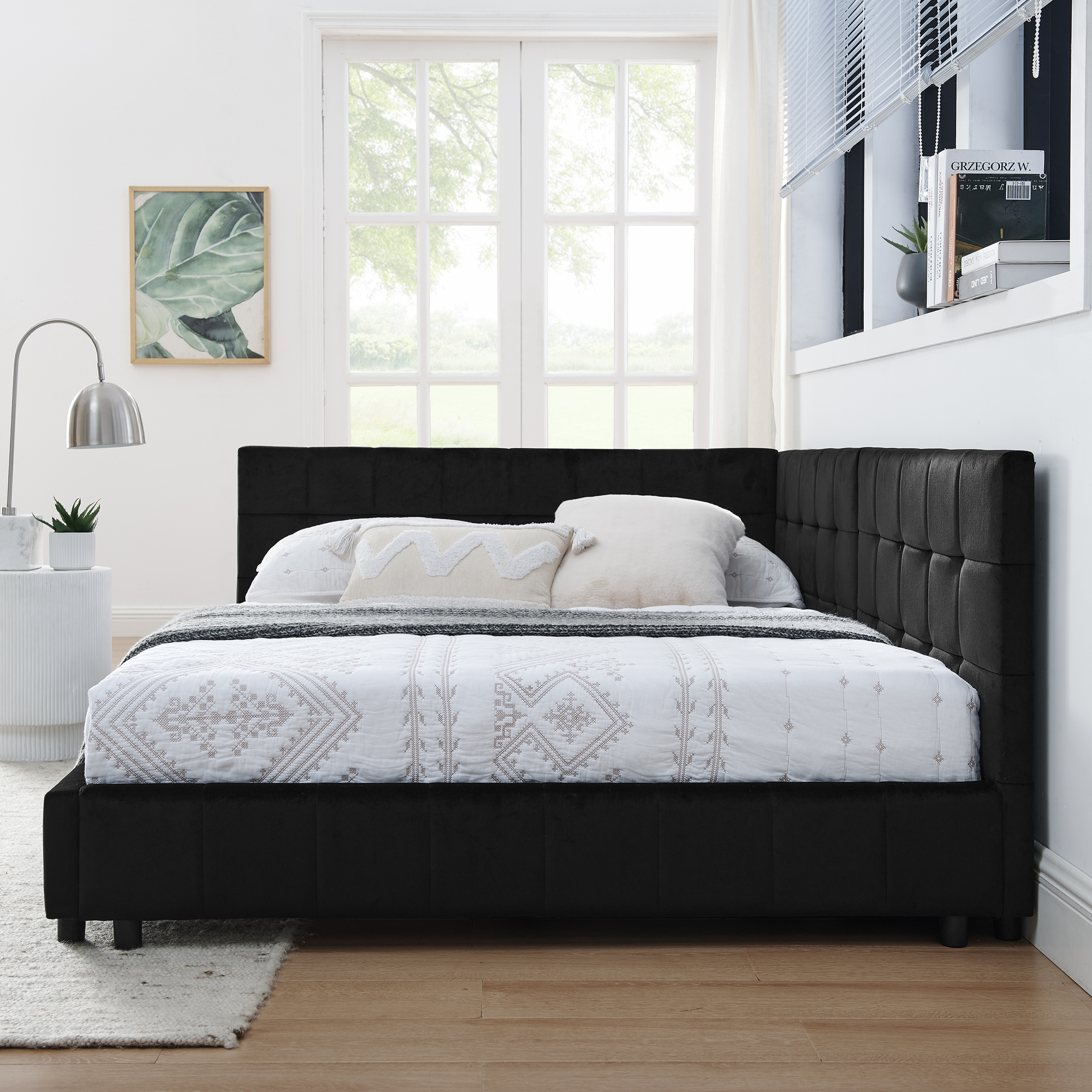 Full Size Upholstered Tufted Bed Frame, Sofa Bed Frame with Comfortable Backrest and Armrests, Full Size Bed for Bedroom, Living Room,Velvet, Black(80.5''*59''*30.5'') - Image 2